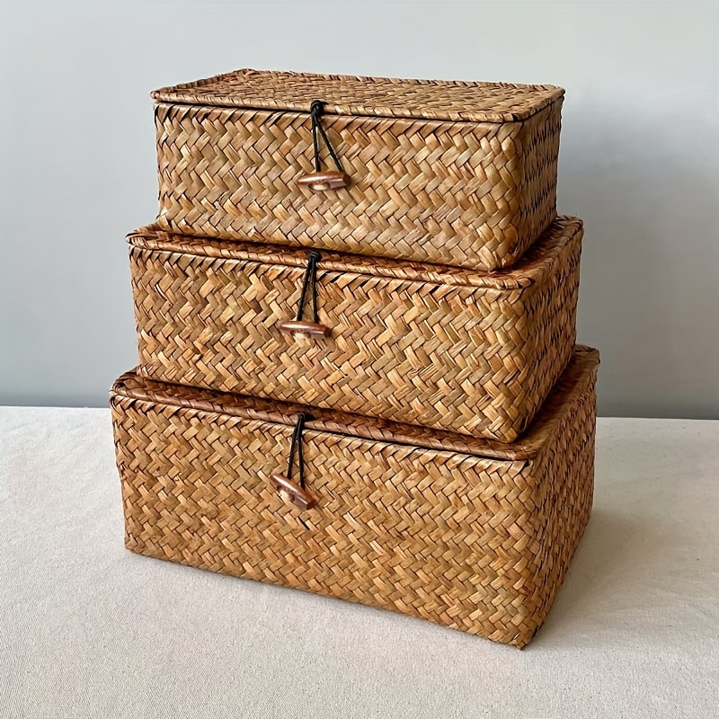 Caja de almacenamiento de mimbre tejido con tapa - Juego de 1 - Cesta  rectangular de algas marinas y cesta de almacenamiento con tapa - Estante  de