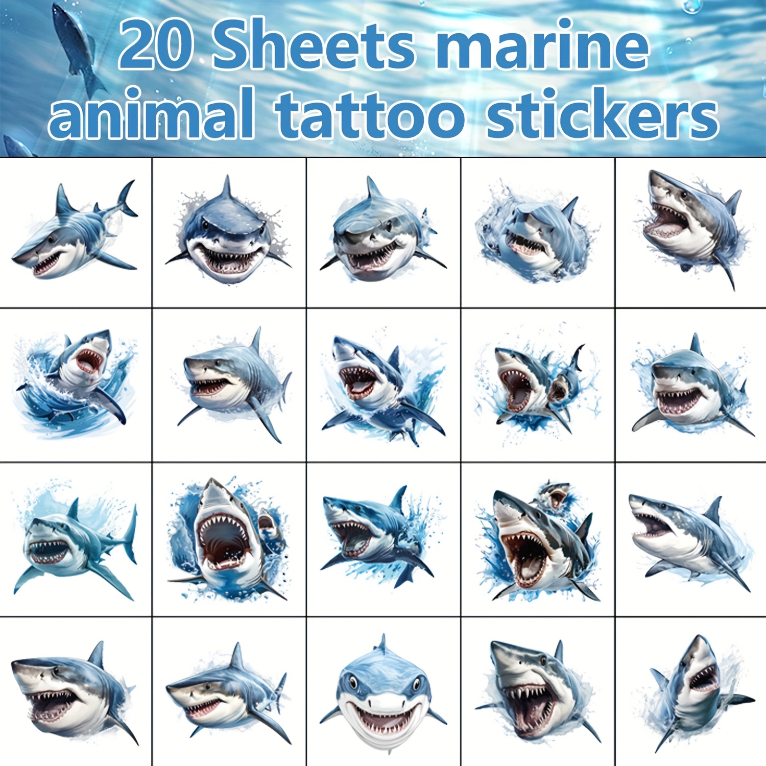 20pcs Shark Tattoo Stickers, Shark-themed Party Decorations And Birthday Gift Set