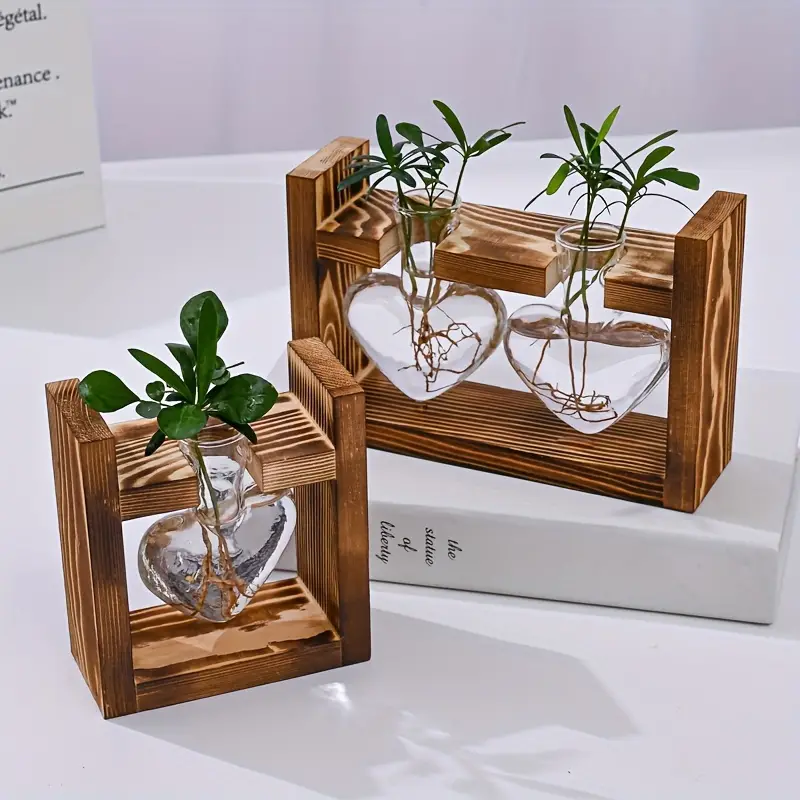 1 pack hydroponic plant terrarium love heart vase with wooden stand indoor hydroponic plant propagation station for home office garden decoration gift for flower pot lovers details 2