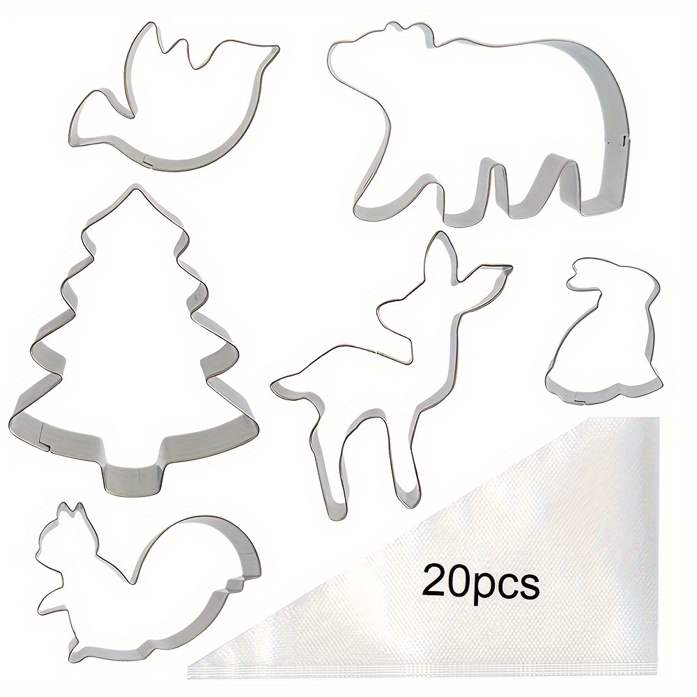 Image of A Baking Tool Set Featuring 6 Stainless Steel Christmas Cookie Cutters Shaped Like , Christmas Trees, Reindeer, Squirrels, Birds, And Rabbits, Along With 20 Piping Bags