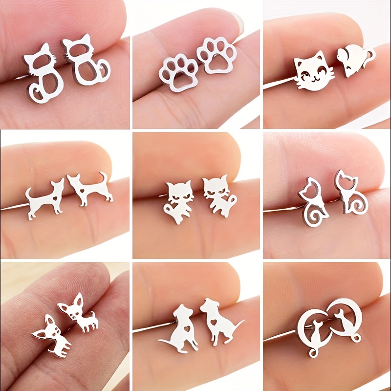 

9 Pairs Of Stainless Steel Small Animal Earrings For Women Simple Cute Pet Cats Dog Stud Earrings