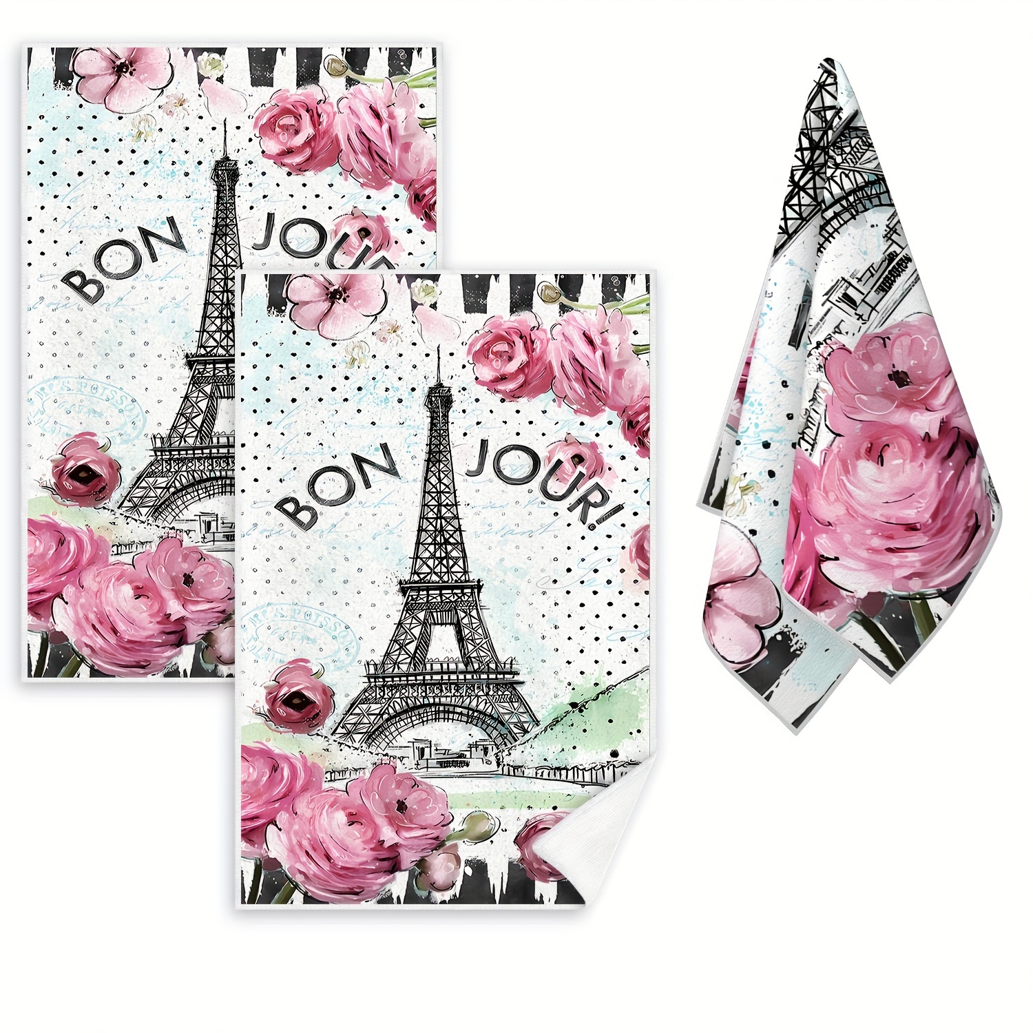 

2pcs, Parisian Eiffel Tower And Floral Design Kitchen Towels, Ultrafine Fiber, Contemporary Style, Absorbent Dish Cloths For Cleaning And Decoration