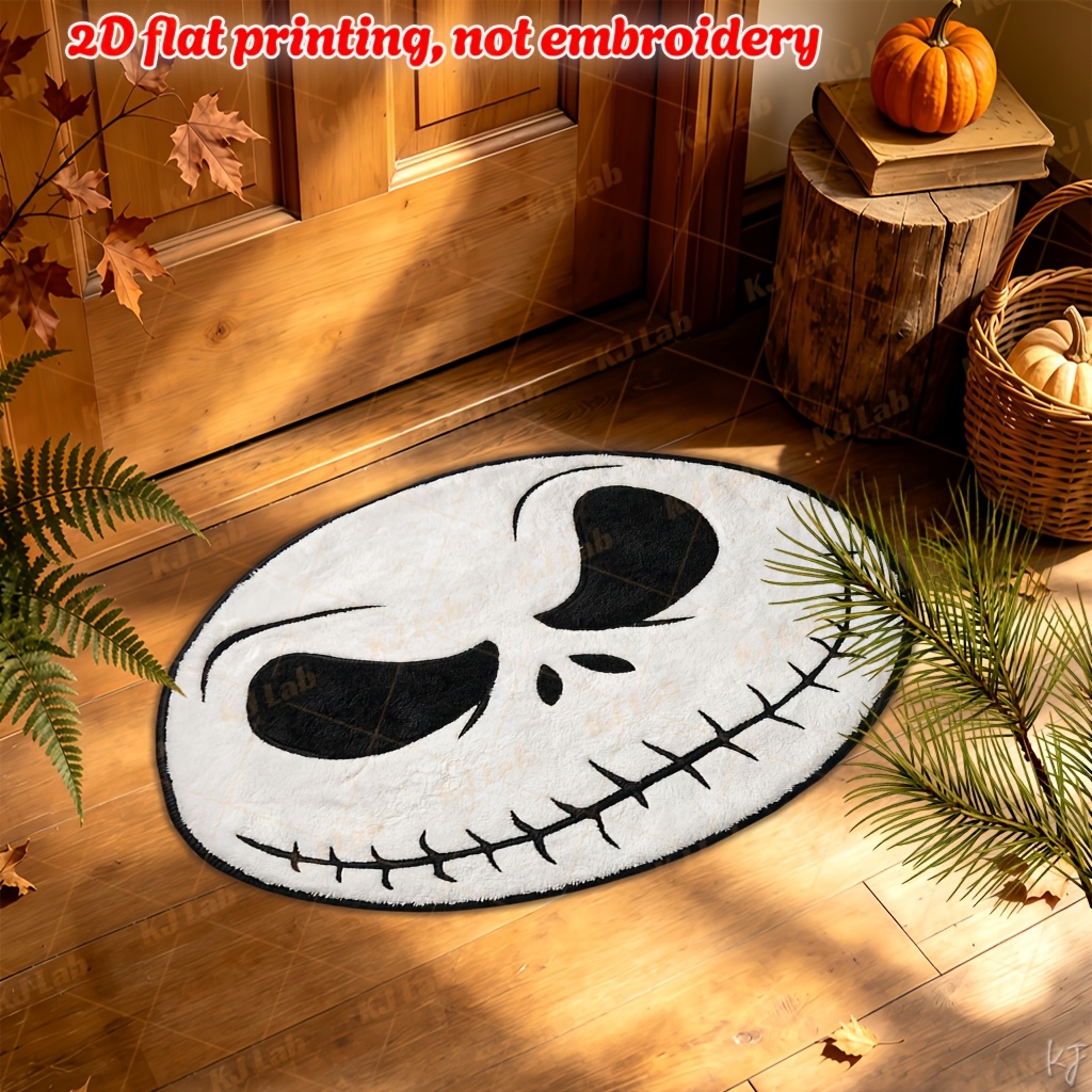 TEMU 2d Flat 1pc Wave Irregular Floor Mat Yx264-nightmare Before Christmas Jack Face Black And White Stitching Decoration-warm And Cute Long Strip