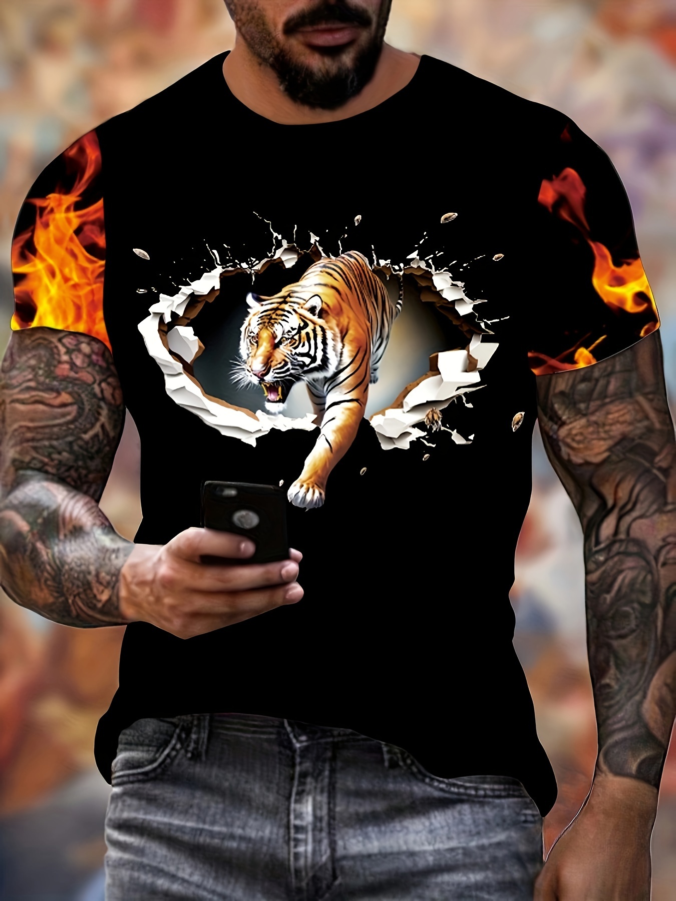 T shirt l gant imprim tigre pour hommes hauts manches Temu