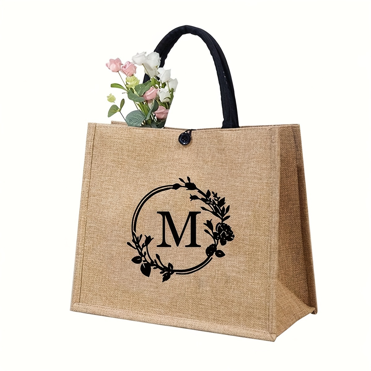 TEMU Personalized Monogram Floral Linen Tote Bag With Buckle Closure - Polyester, Hand Wash Or , Lightweight & Portable, Ideal For Wedding, Birthday, Beach & Holiday Gifts