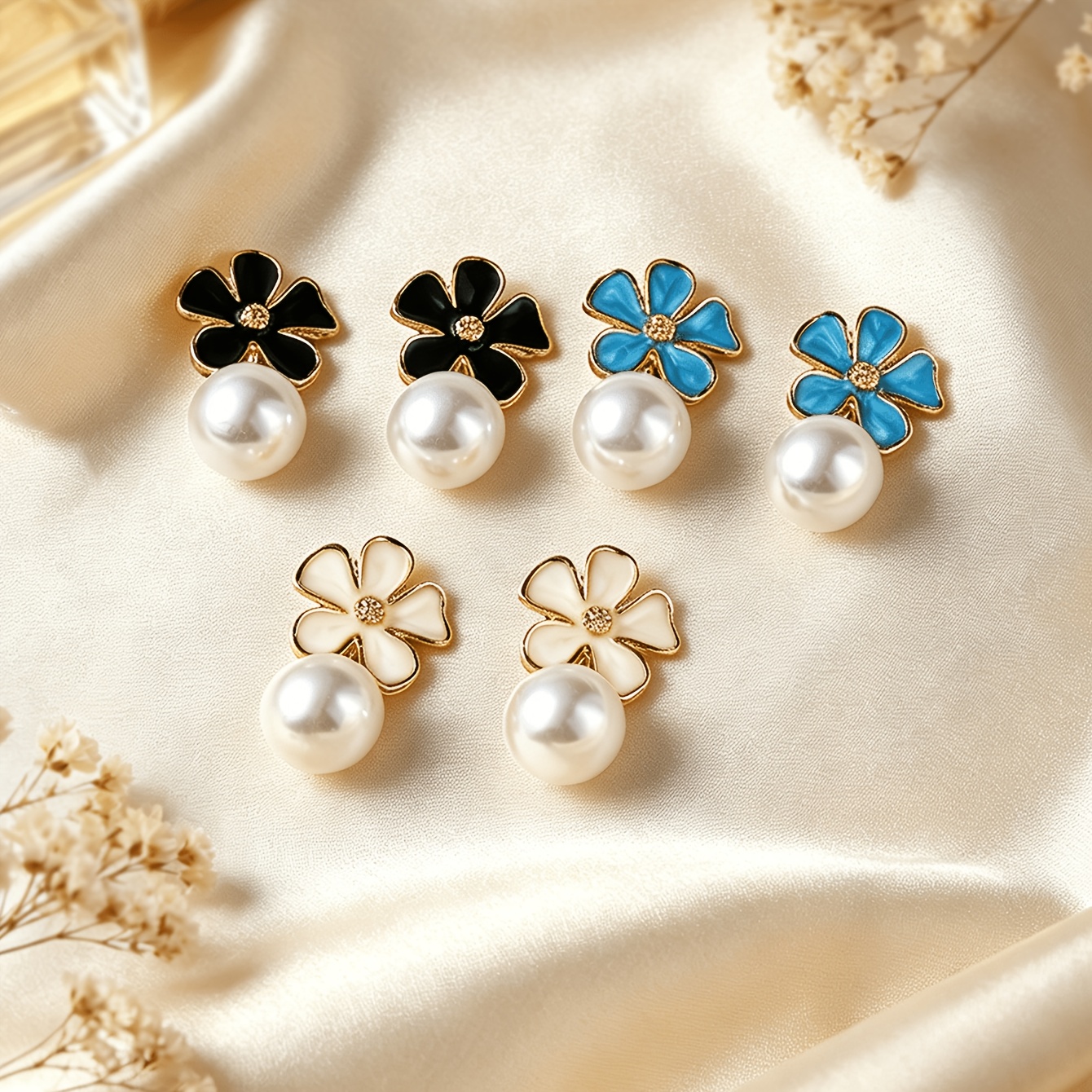 3 Pairs Retro Blue Flower Imitation Pearl Drop Earrings Set