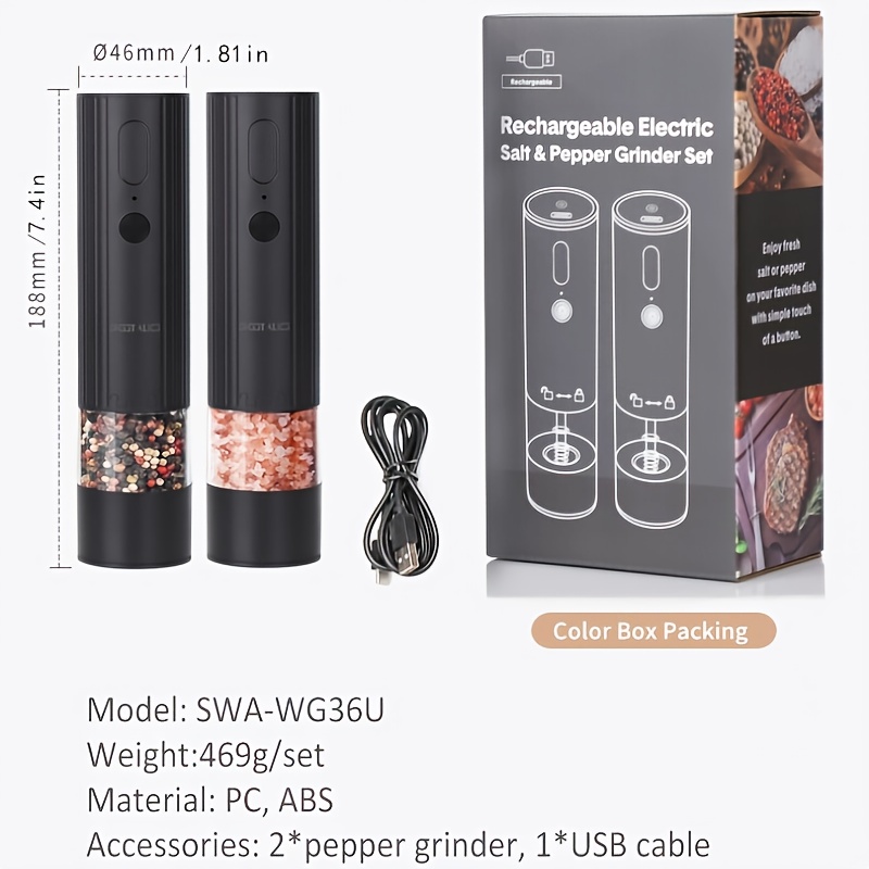 TEMU 2pcs Electric Pepper And Salt Grinder Set - Rechargeable Grinders With One- Automatic Operation, Adjustable Coarseness/, -free (no Batteries
