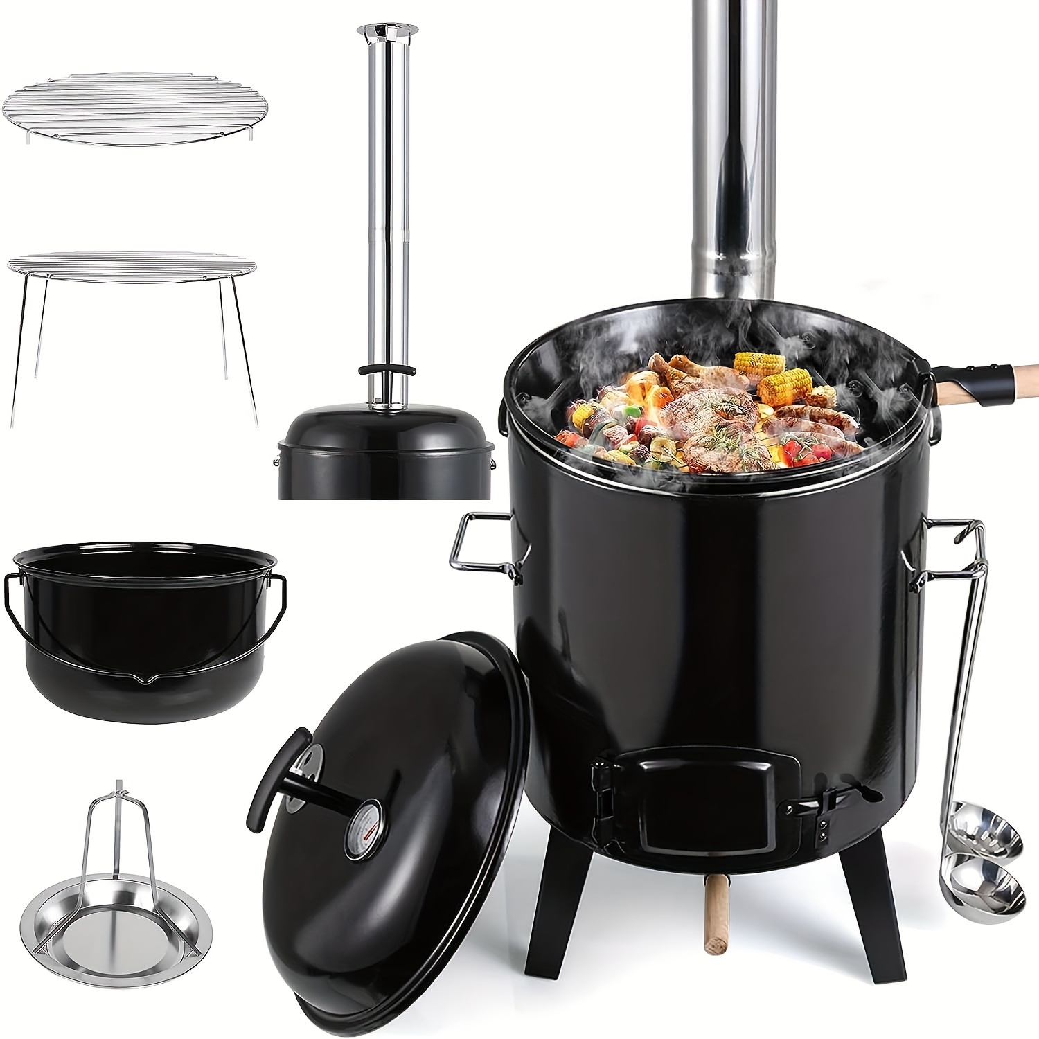 Image of Enamel Cooking Pot With A Chimney, Outdoor Barbecue, , Enameled , 17-liter With Lid, 8-liter Saucepan, Stew Pot With 2 Spoons And A Thermometer