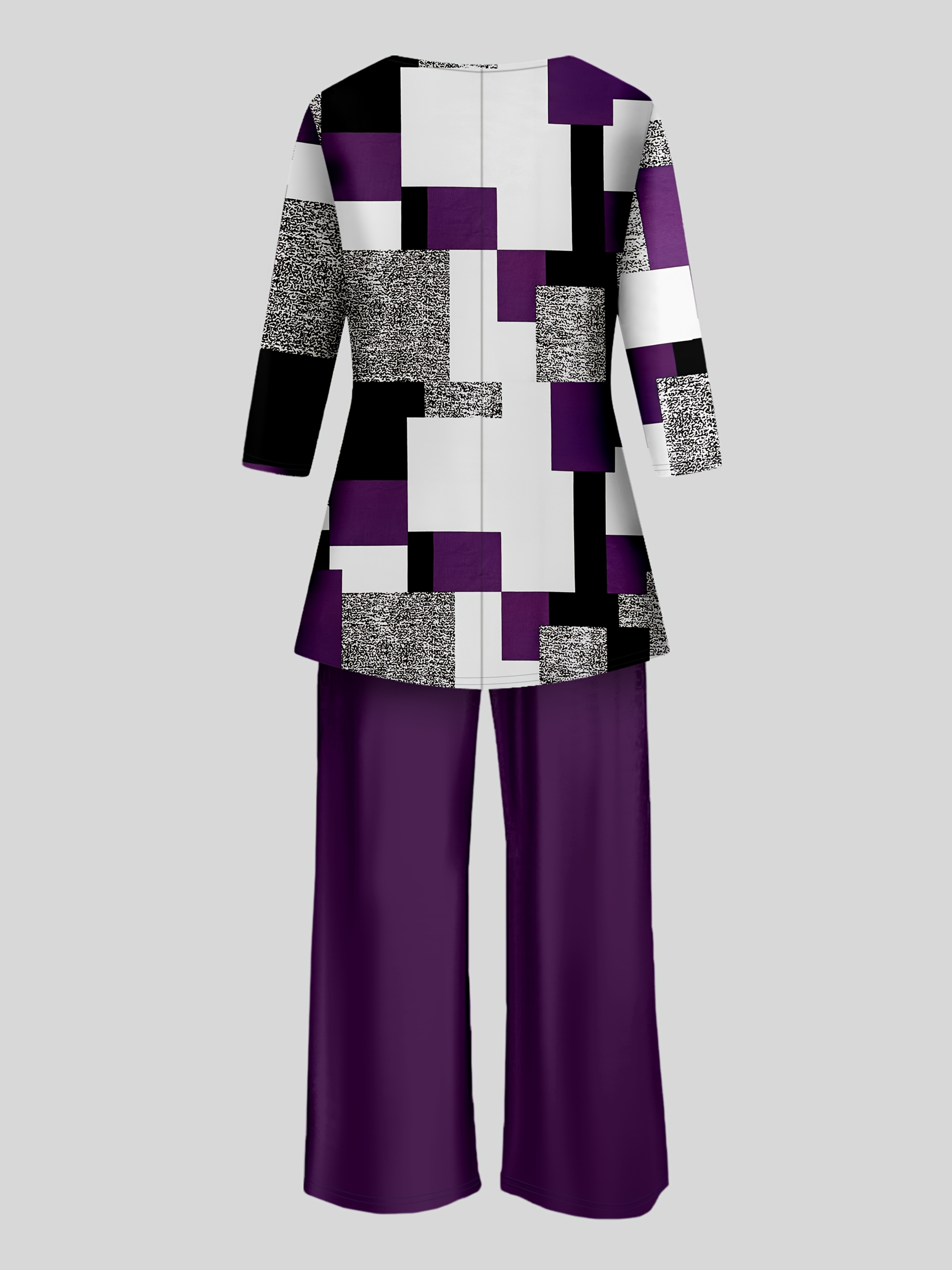 plus size womens geometric print long sleeve top   with solid color casual pants two piece set purple 1