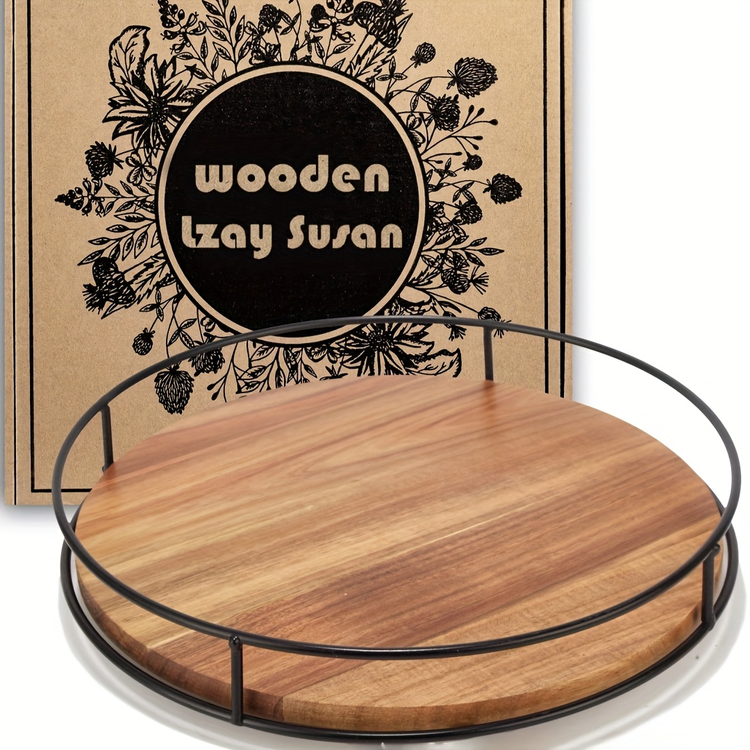 TEMU 1pc Rotating Wooden Storage Rack With Steel Armrests - Solid Wood Turntable Organizer For Kitchen, Pantry, Cabinet, Refrigerator - Multipurpose Organizer Tray For