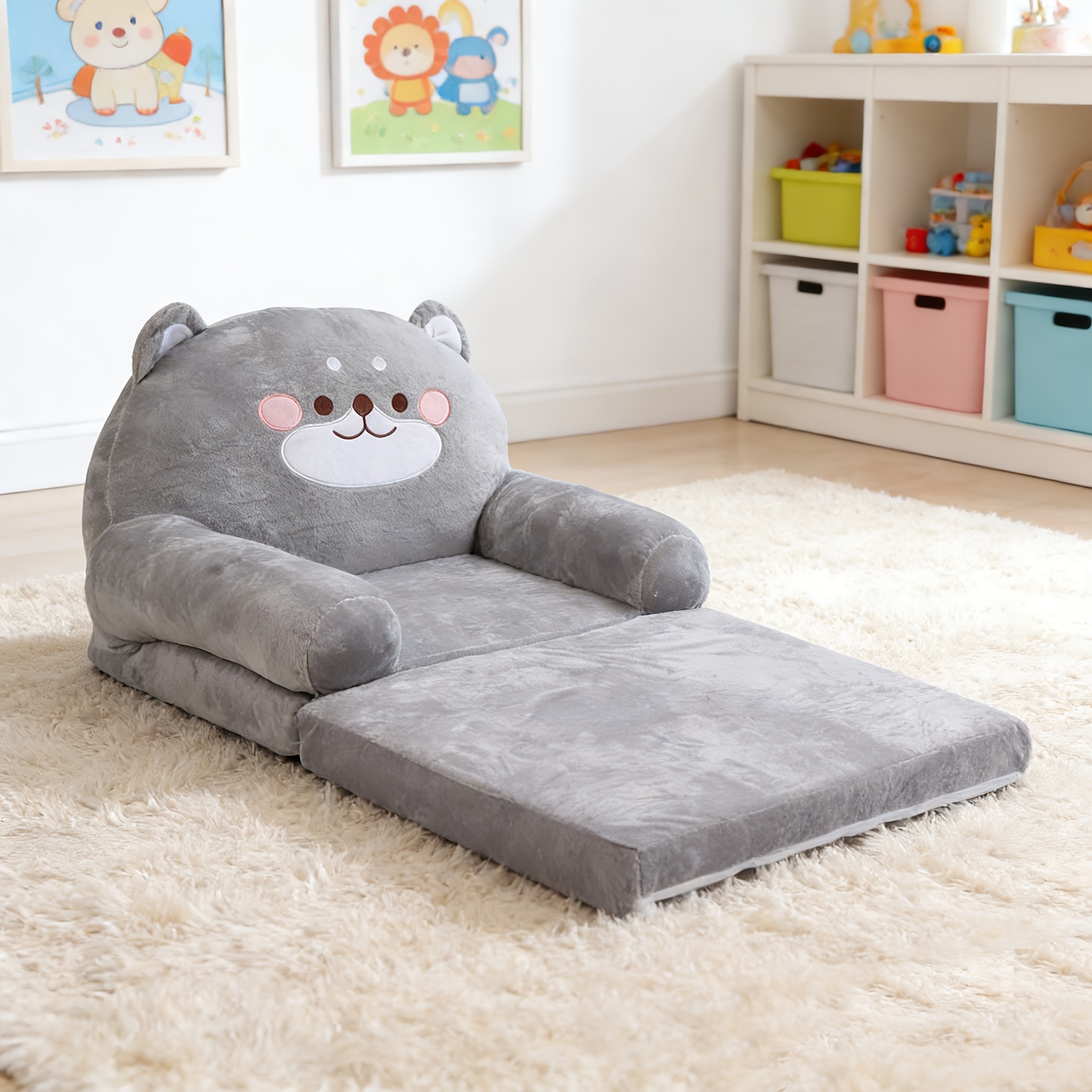 Cozy Kid Folding Sofa, Plush, Washable Lounge Chair for Playroom & Nursery, Gray Dog Style Foldable Wide Handle Soft Breathable Toddler Chair for Reading Relaxing Sleeping(2 Layers)