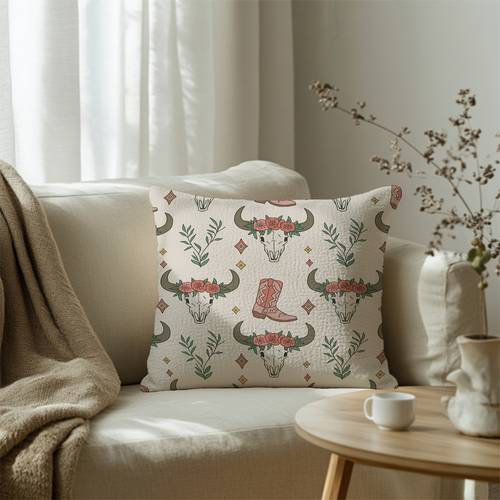 1pc bohemian western throw pillow cover buffalo skull with red flowers green leaves yellow diamonds on single sided zip closure machine washable polyester 18x18 inch 45x45cm for sofa living room bedroom decor sofa accessory polyester fabric
