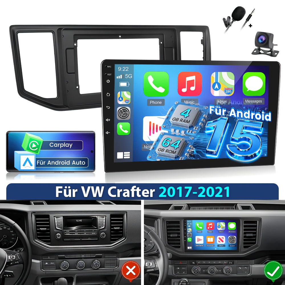 Image of 4gb+64gb 15 Carplay Autoradio Radio For Vw 2017-2021 Car Stereo With Auto, 10.1inch Ips Screen Radio With Gps Navi, Wifi, Eq, Swc, Fm Rds Radio With Ahd Camera And Mic