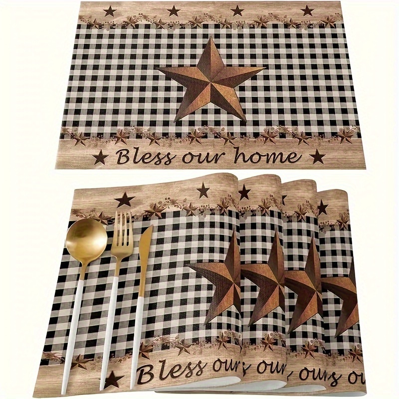 

4pcs Farmhouse Star Placemats Set - Classic Checkered, Vintage Rustic Style, Heat-resistant & Non-slip, Dining Room, Kitchen, Holiday Parties & Weddings