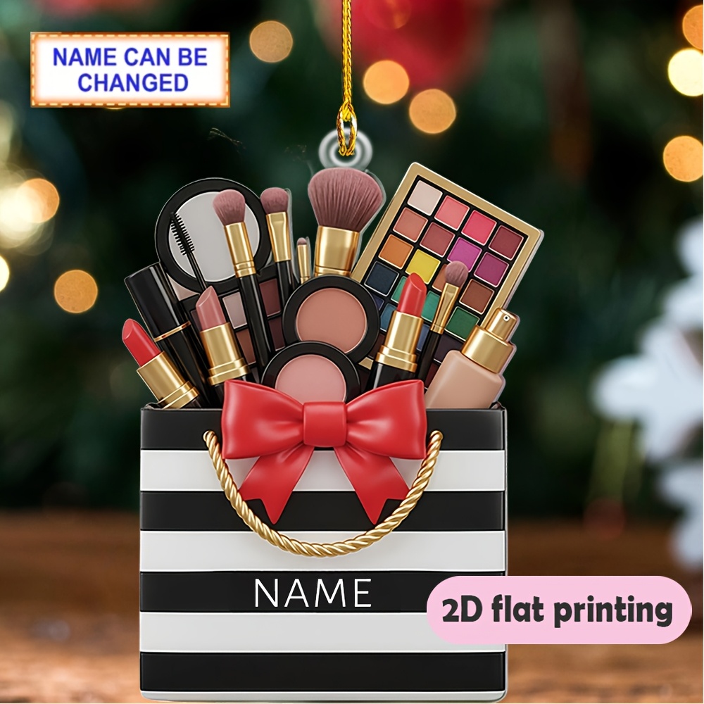 TEMU 2d Flat, 2d Flat-personalized Irregular Acrylic Ornament Custom Name Striped Shopping Bag Filled With Cosmetics & Red Bow Print For Christmas