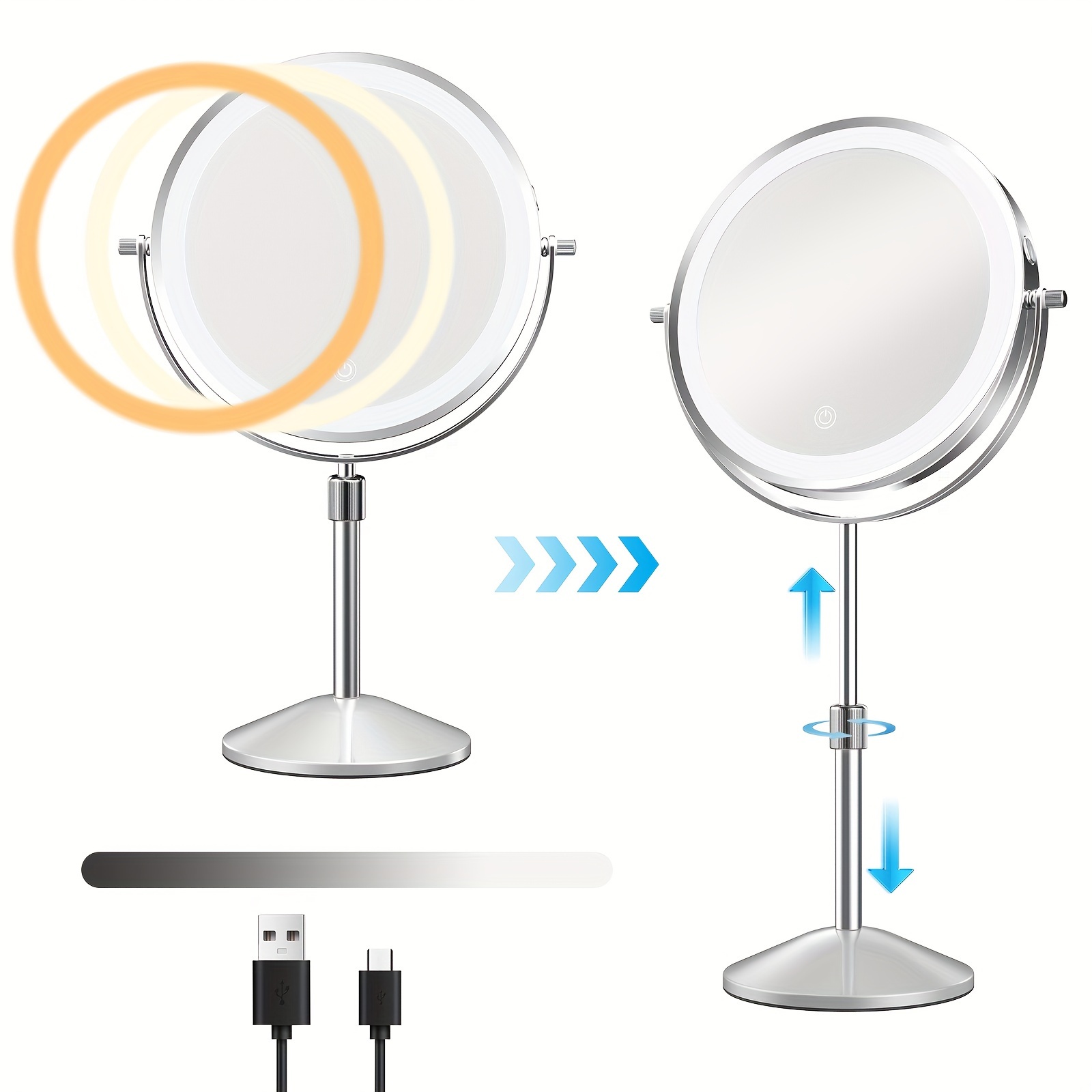 Espejo de tocador con luces, espejo de maquillaje iluminado de Hollywood, 3  luces de color, desmontable 10X, rotación de 360° (12 pulgadas, blanco)