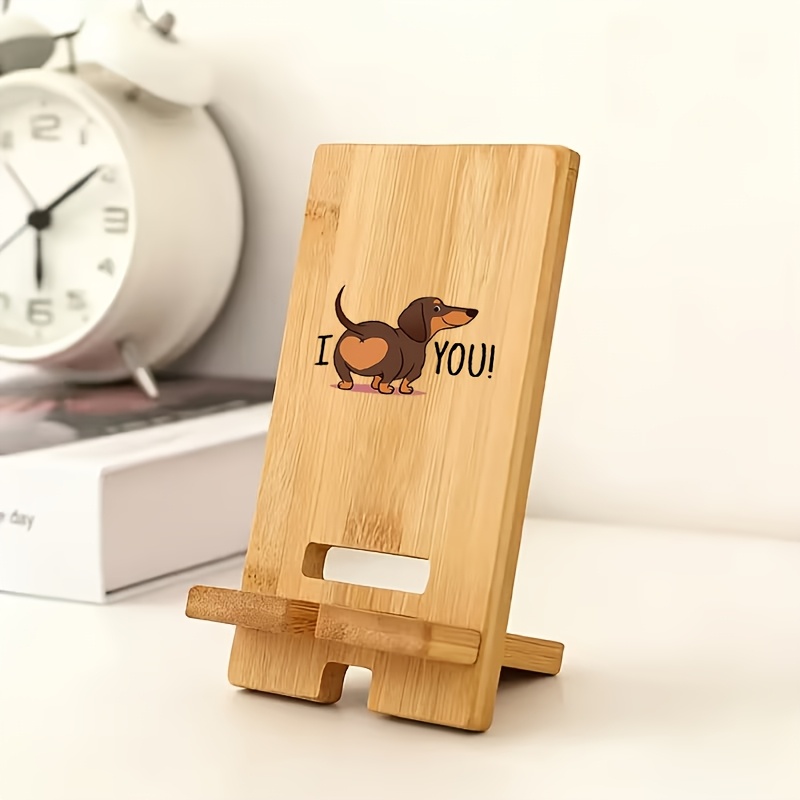 TEMU 1pc "i Love You" Dachshund Pattern Wooden Phone Stand, Wooden Base, Stand, Detachable And Portable Household Wooden Stand, Wooden Office Desktop