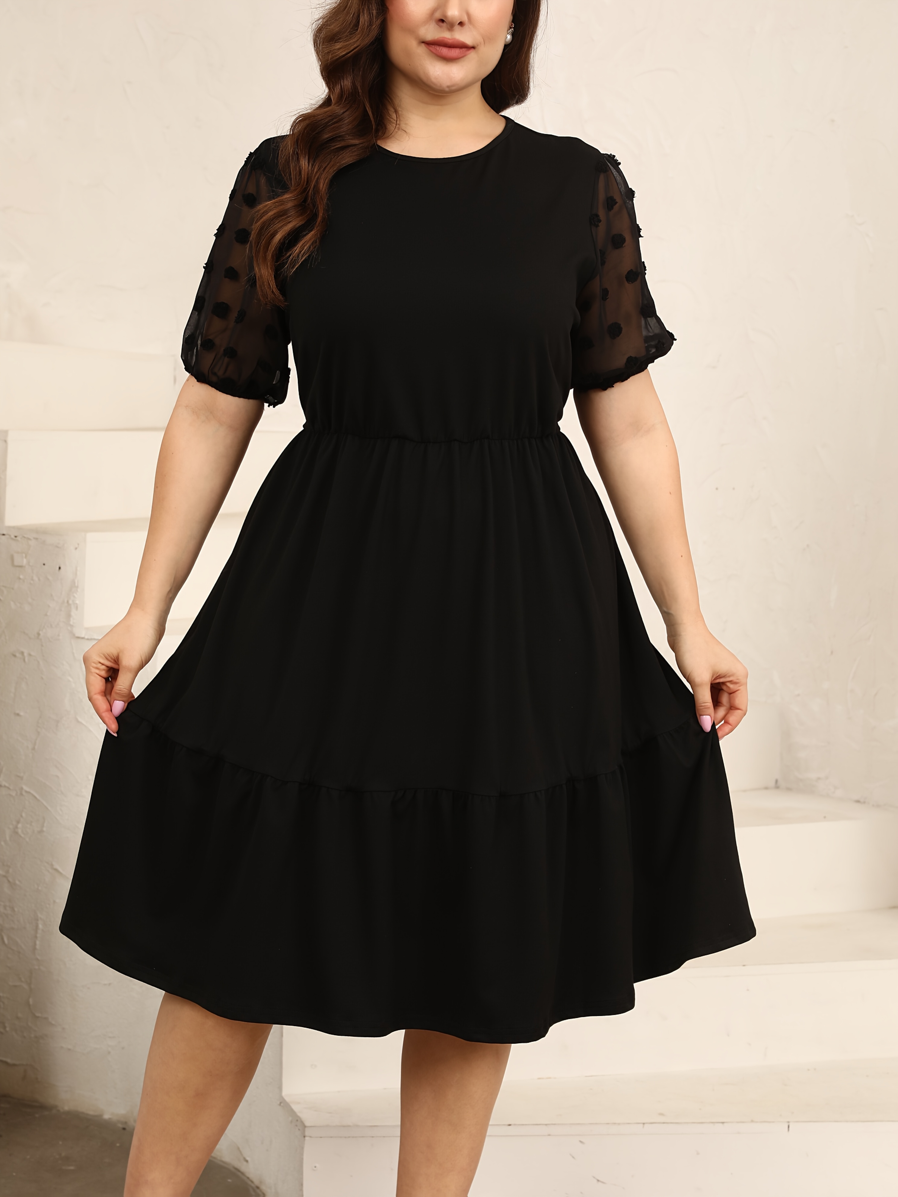 Plus Size Elegant Crew Neck Dress with Contrast Lace Detail Polyester and  Spandex Blend, Solid Color Chiffon Short Sleeve Knit Fabric
