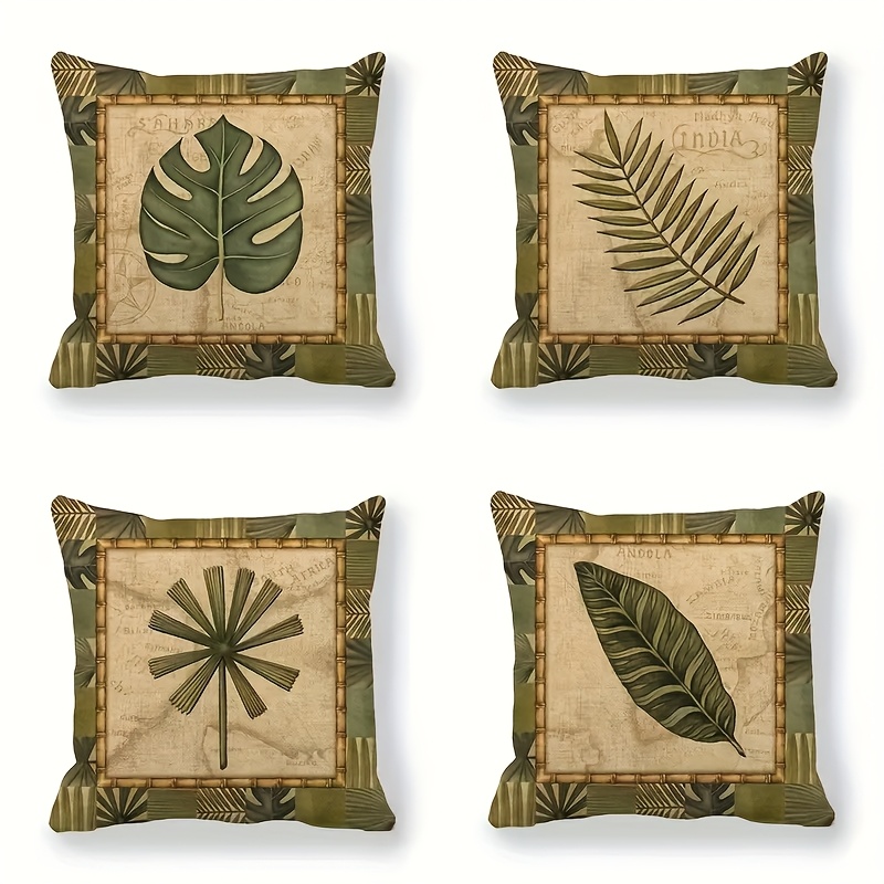 TEMU Lot de 4 taies d'oreiller à imprimé feuilles vertes en polyester pour coussin de canapé, décoration d'intérieur