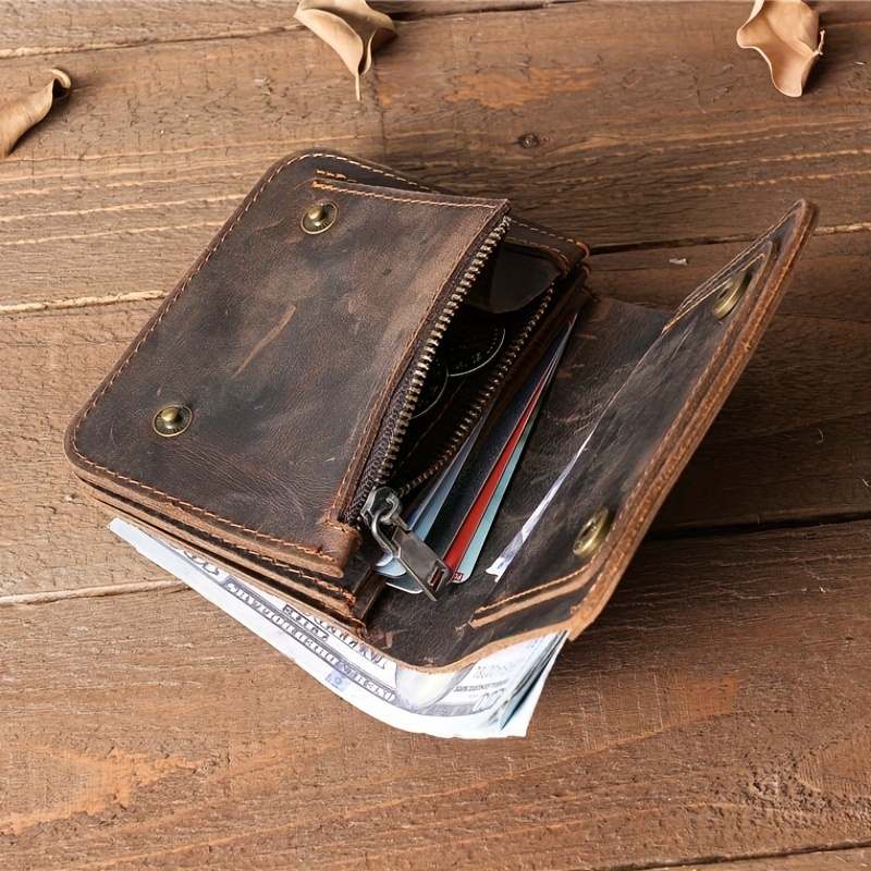 

Portefeuille en cuir de vache épais pour homme, porte-monnaie multifonctionnel avec compartiment carte, fermeture éclair , style rétro non lavable