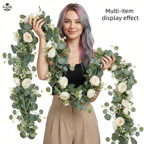 178cm 70 07in artificial eucalyptus wreath with white roses realistic faux flower vine suitable for wedding arch backdrops table centerpieces home party decorations rustic farmhouse party decor for indoor and outdoor use