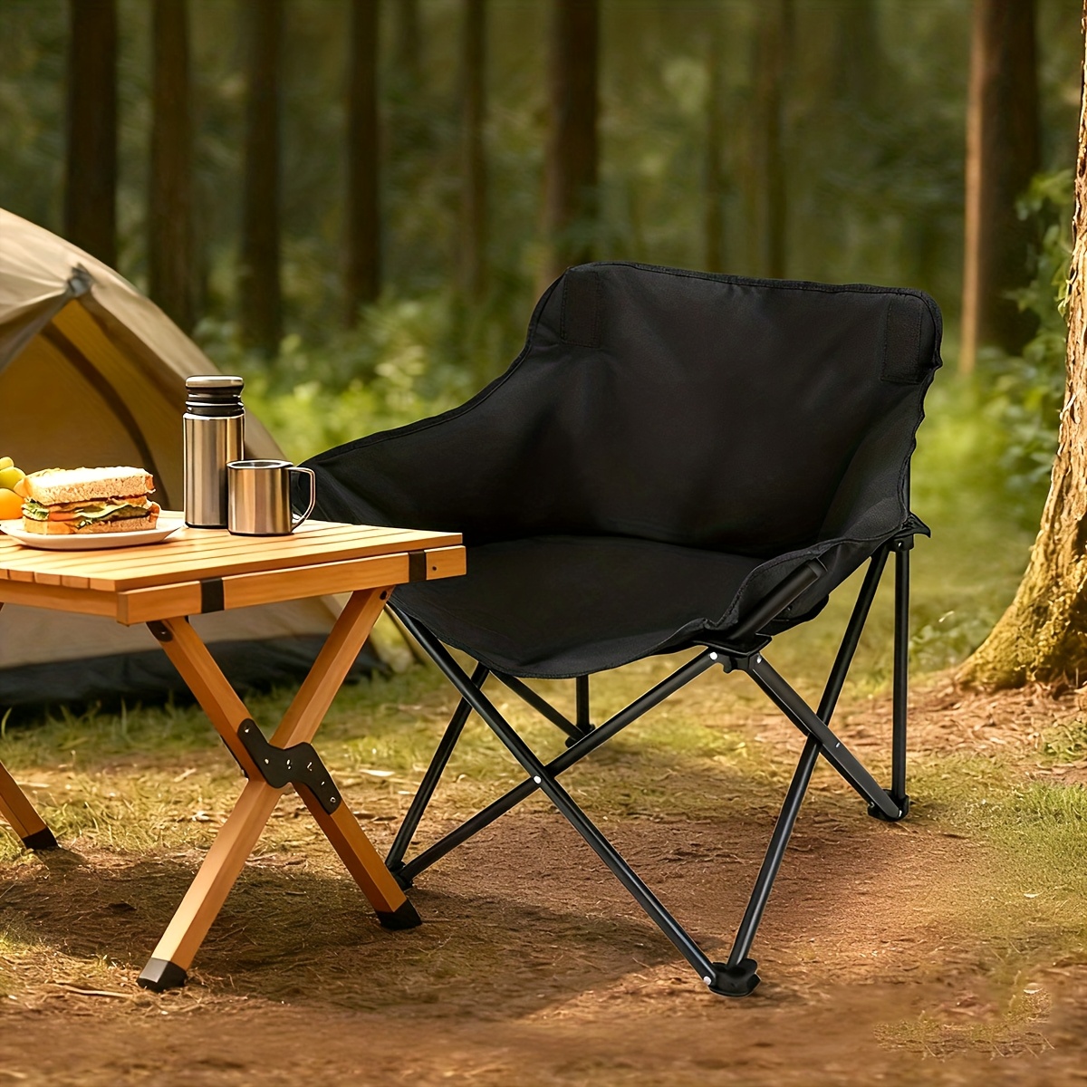 Image of 1 Outdoor Folding Camping Moon Chair, Oversized Outdoor Camping Chair With Cushion, Equipped With A Storage Bag, Suitable For Picnics, Fishing, Outdoors, And Beach Round Moon Disc Chair.