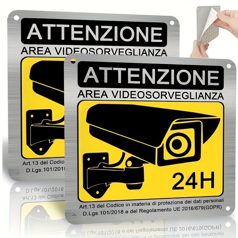 Cartelli Italiani, 2 Cartelli in Metallo per Area di Sorveglianza Video - 15 X 15 Cm Cartelli Proprietà Privata - con Carta Autoadesiva e Fori Pre-Forati - Robusti e Durevoli, Italiano: Area Privata, Area Monitorata