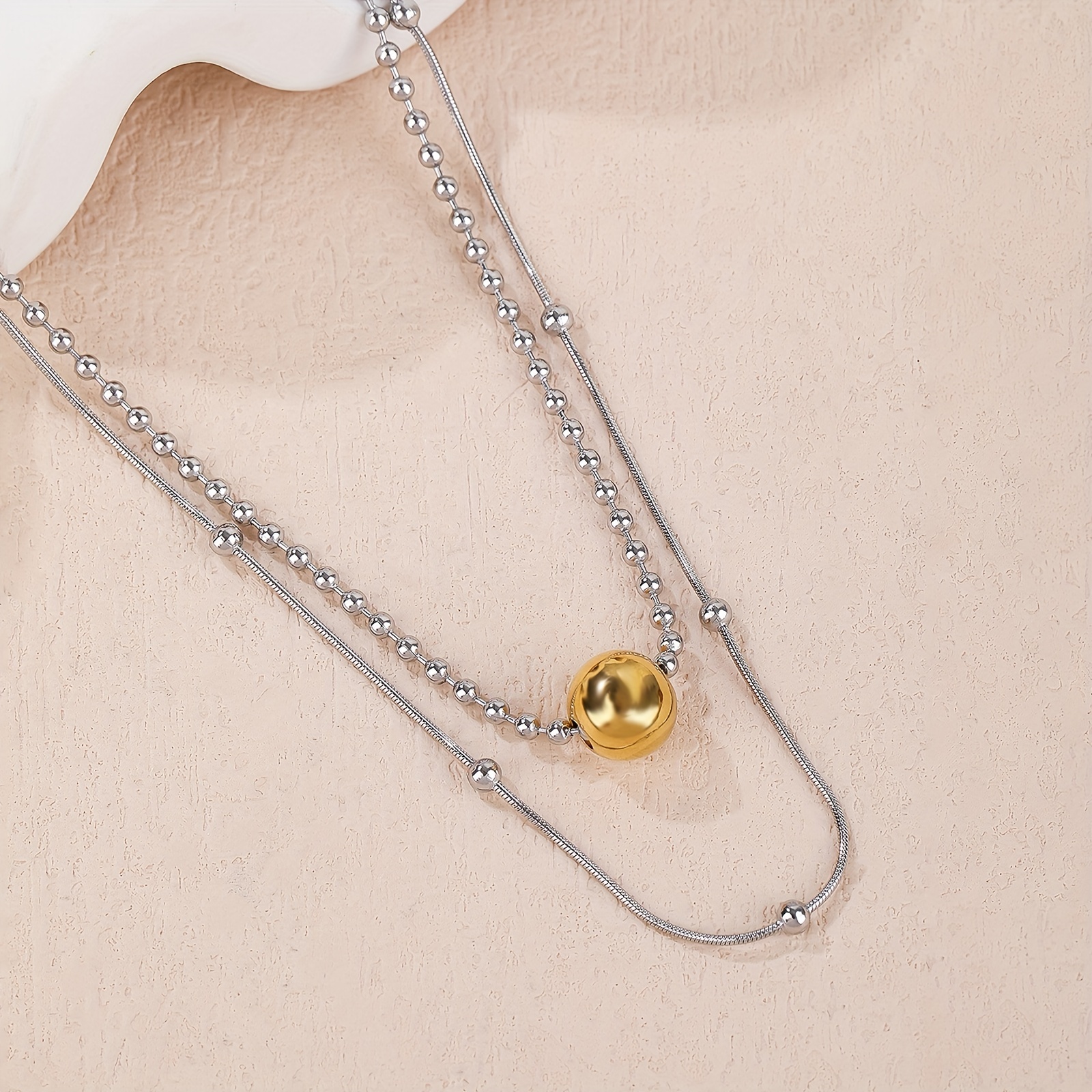 TEMU An Elegant Stainless Steel Necklace - Double-layer Design, Round Bead Pendant, Simple Finish, Suitable For Parties And Weddings