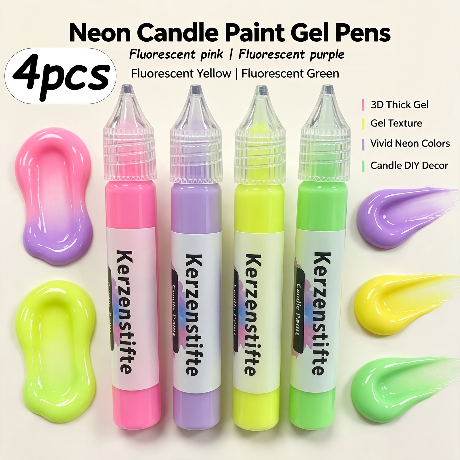 TEMU 4pcs 3d Relief Contour Pen Pigment, 15ml Neon 4-color Uv Activated Neon Fluorescent Pigment, Candle Making Tool, Suitable For Art Painting, For