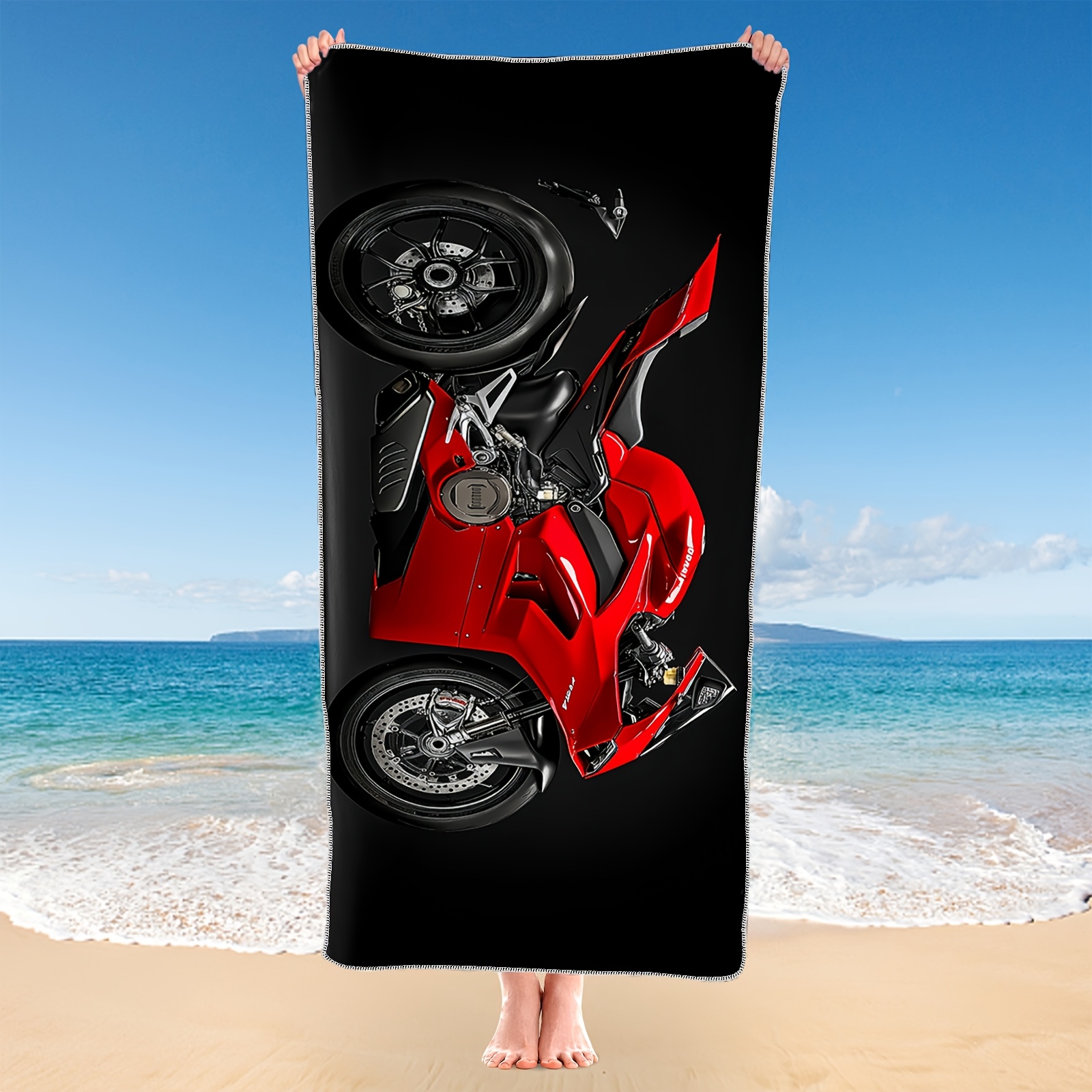 Microfiber Beach Towel Red Motorcycle Print Lightweight Absorbent_voghion.com
