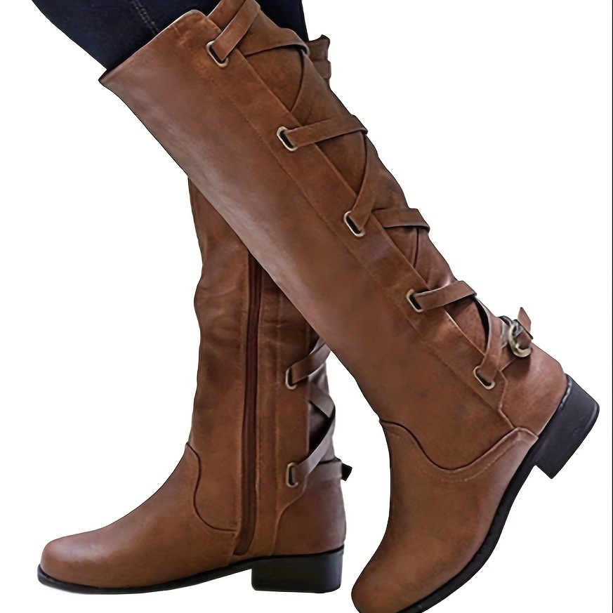 

Women's Winter Knee High Boots With Lace Up And Riding Flat Bottomed Low Heeled