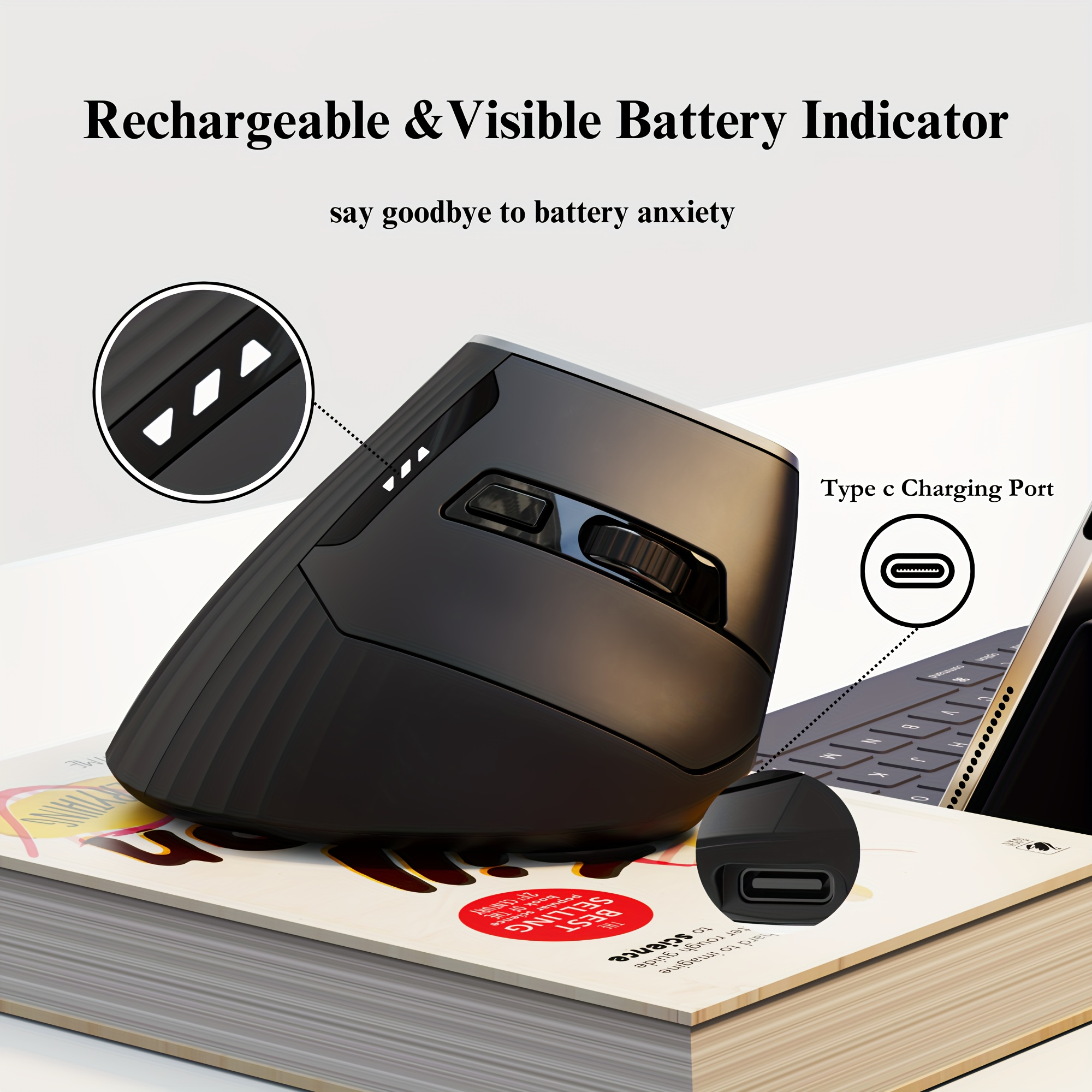 UINEER Wireless Rechargeable Mouse Compatible for 10 - Wireless 4.0/5.0/USB Mode, Vertical Ergonomic Right-Hand with Visible Battery Display, 6-Button Computer Mouse (Type, Plug & Play)