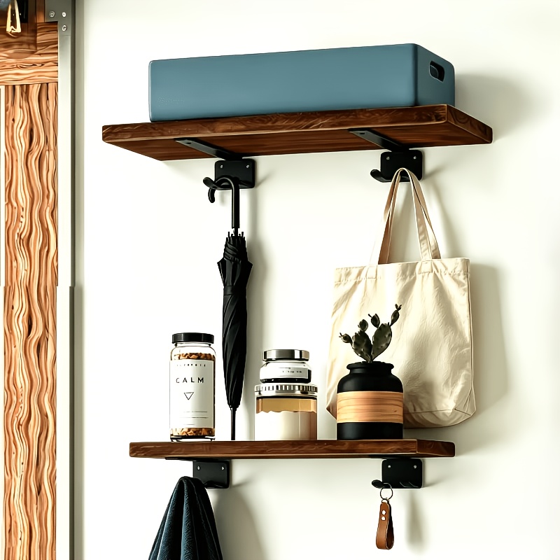 2pcs Black Metal Hidden L-Shaped Brackets/Multi-Functional Supports with Hooks (Thickened), Floating Hidden Shelf Brackets, Heavy-Duty Iron Supports, Shelf Board Brackets, Industrial L-Shaped Racks, Iron Rack Brackets