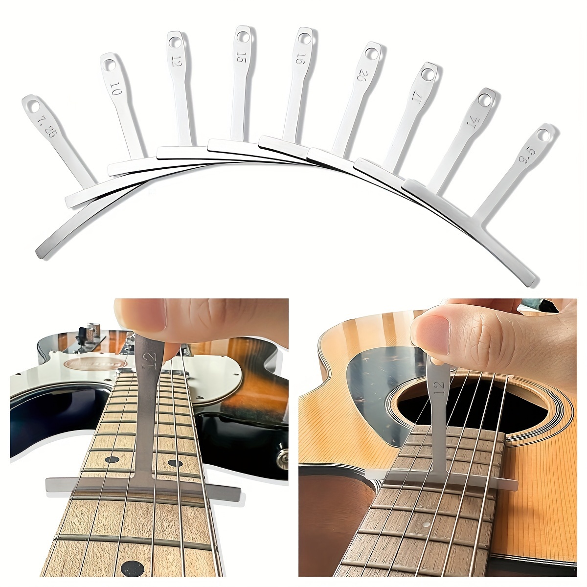 

Jeu de 9 Jauges de Rayon de de Guitare, Règle de Mesure en Acier Inoxydable pour Réparation & Ajustement de Guitare, Basse, Ukulélé - les Tailles 7.25", 9.5", 10", 12", 14", 15", 16", 17", 20