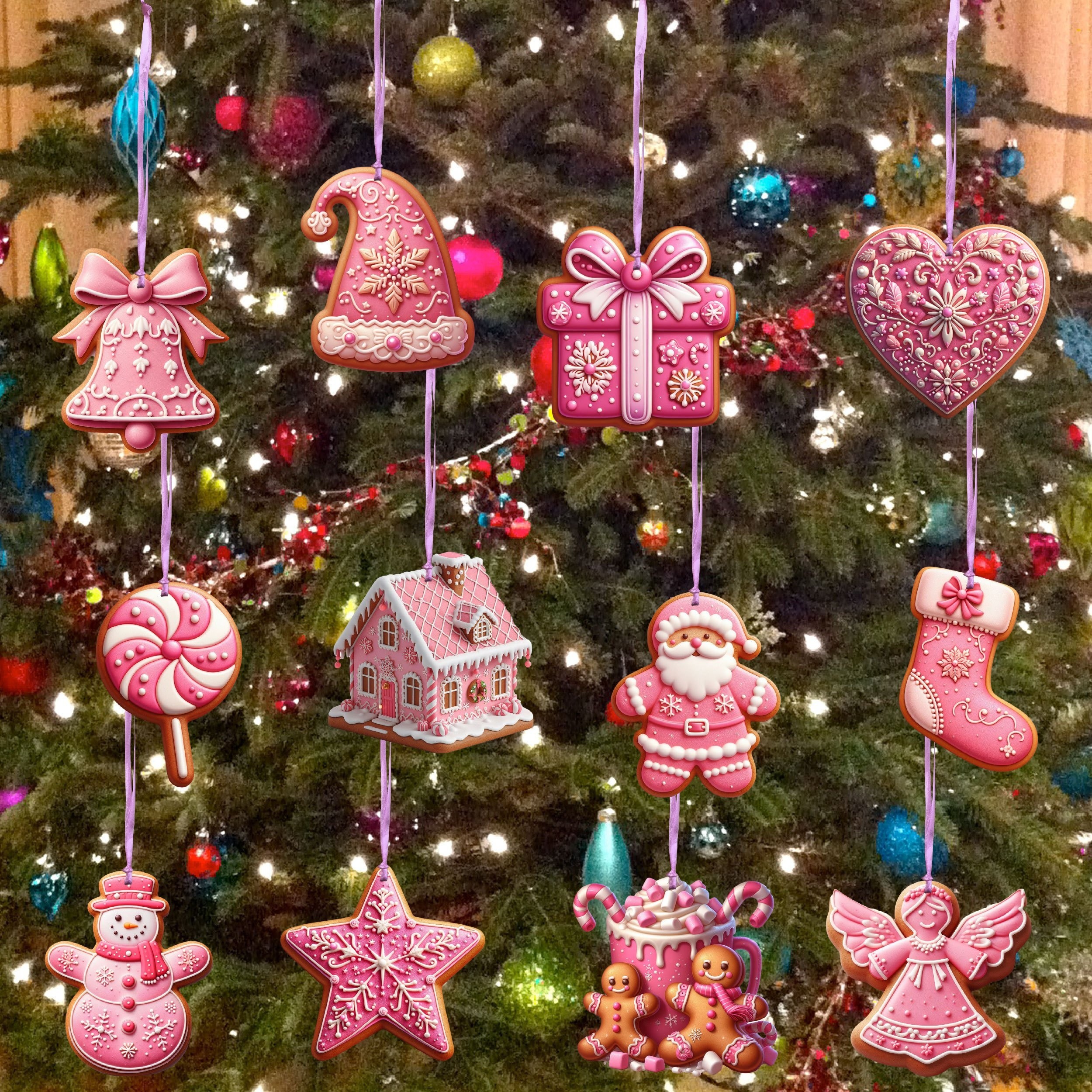 Image of 24pcs, Pink Christmas Ornaments, Christmas Gingerbreads Ornaments, Christmas Tags, Christmas Tree Decoration