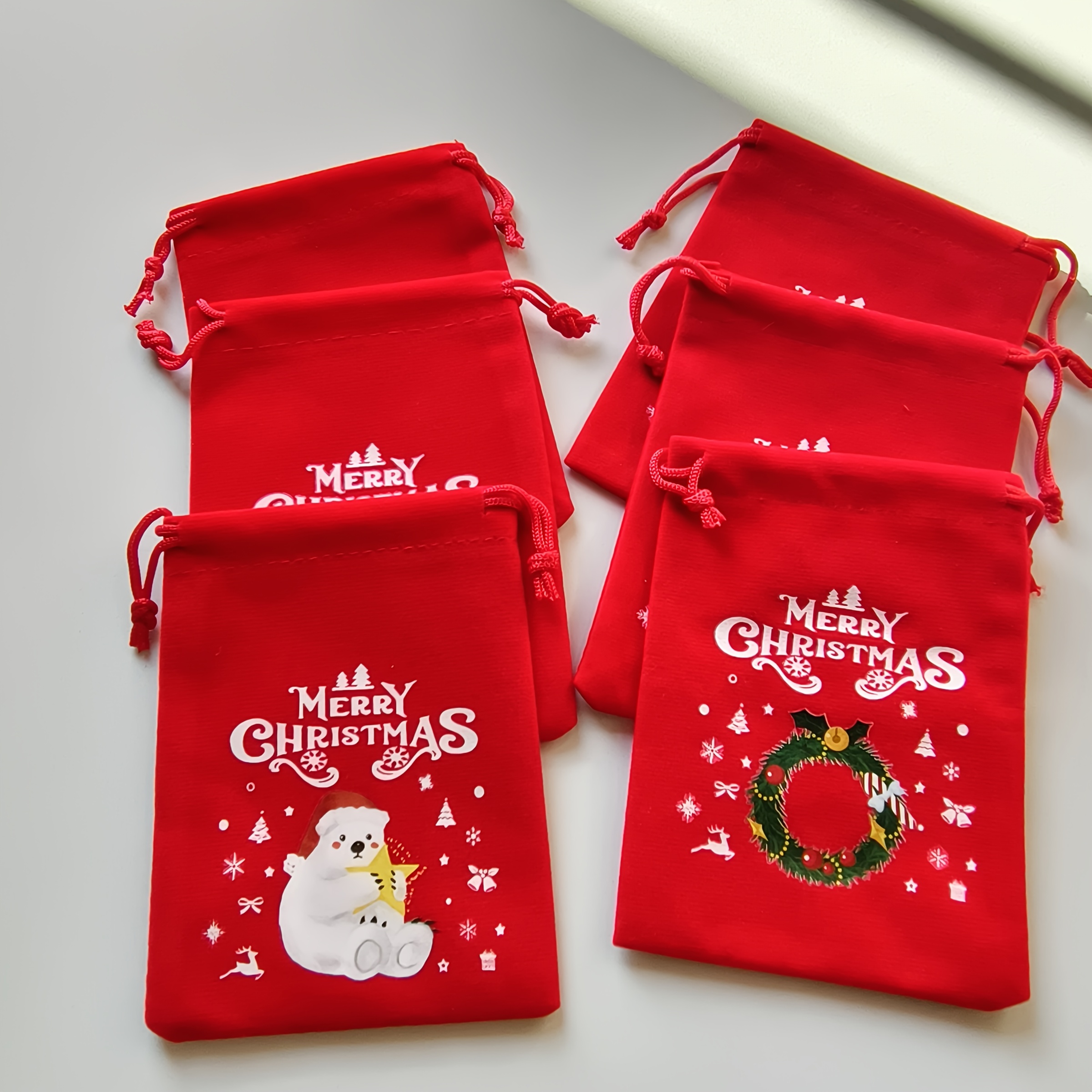 Image of Gift For Her/him 6/12pcs Christmas Drawstring Gift Bags, Suitable For Party Holiday Gifts And Party Favors, Durable Snack Bags For Christmas And New Year Celebrations, Random Pattern Styles