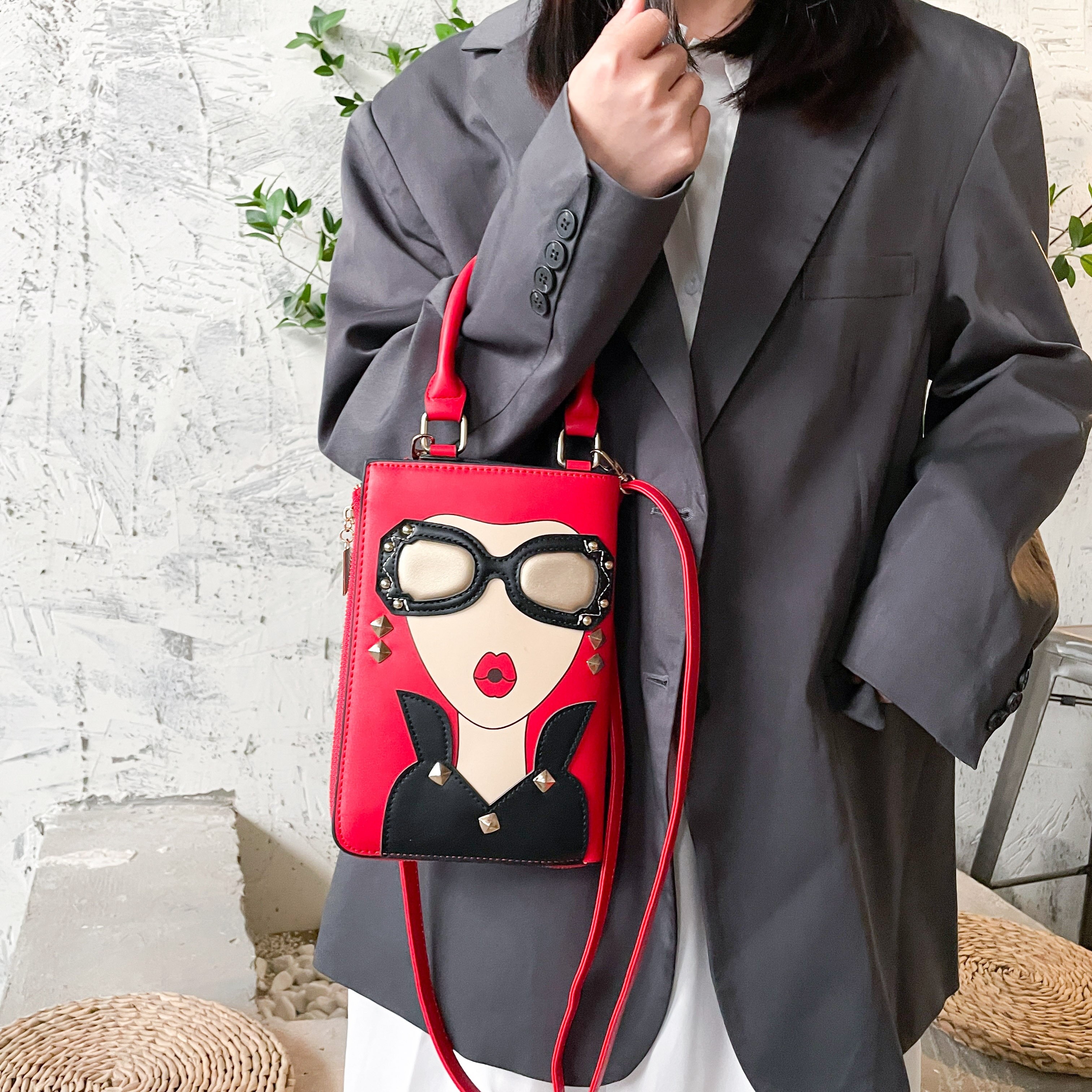 

Women' Cartoon Clutch, Korean Style Geometric Pattern, Leather One-shoulder Messenger Bag With , Phone Pouch, Occasion-ready