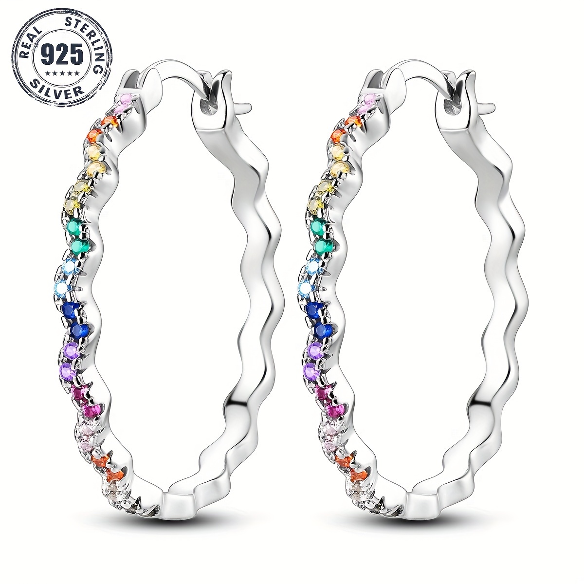 925 Sterling Silver Colorful Wave Pattern Big Ear Buckle Earrings Charms For Women Fashion Accessories Holiday Gift Fine Jewelry 1 Pair Of Earrings