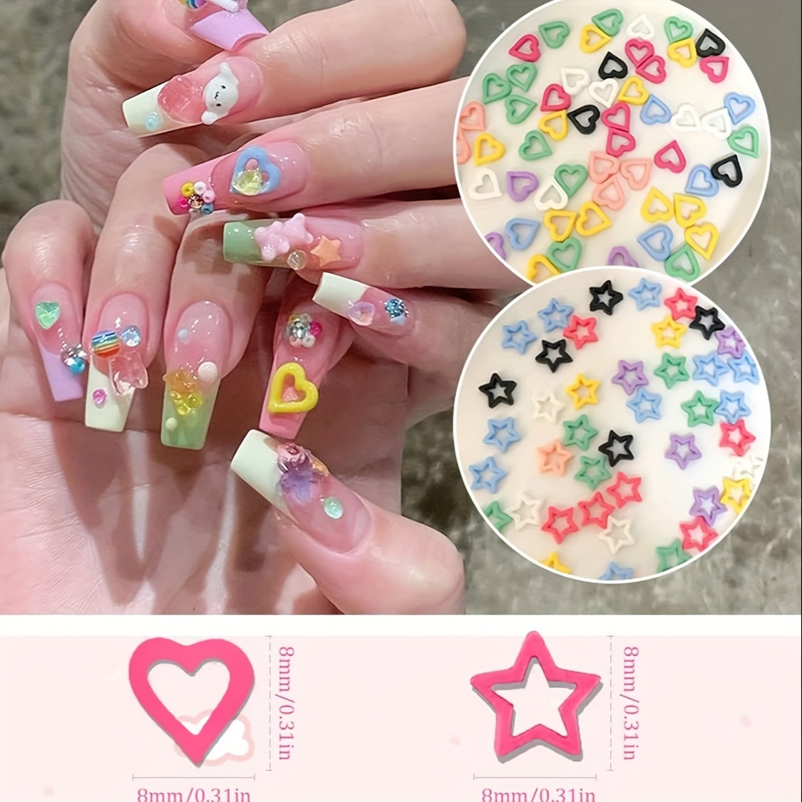 TEMU 400pcs Kawaii Nail Charms, 3d Heart Stars Colorful Resin Nail Art Charm Acrylic Cute Love Nail Gems For Women Girls Nail Decorations Diy Manicure Craft Jewelry