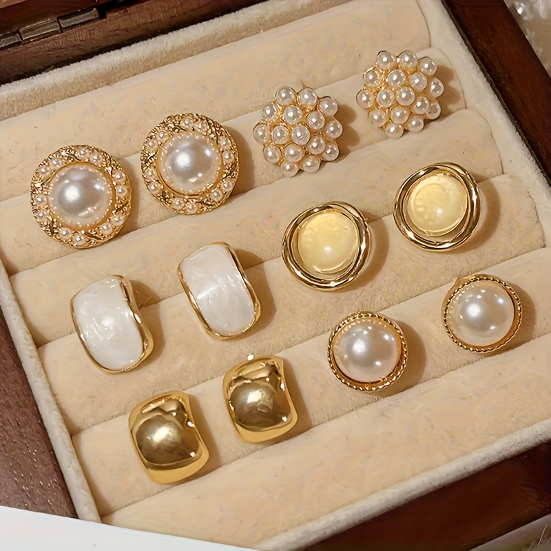 TEMU 12pcs Set (6 Pairs) - Geometric Shiny Round Stud Earrings For Women, Vintage Elegant Style, Versatile For Commuting, Perfect Everyday And Party