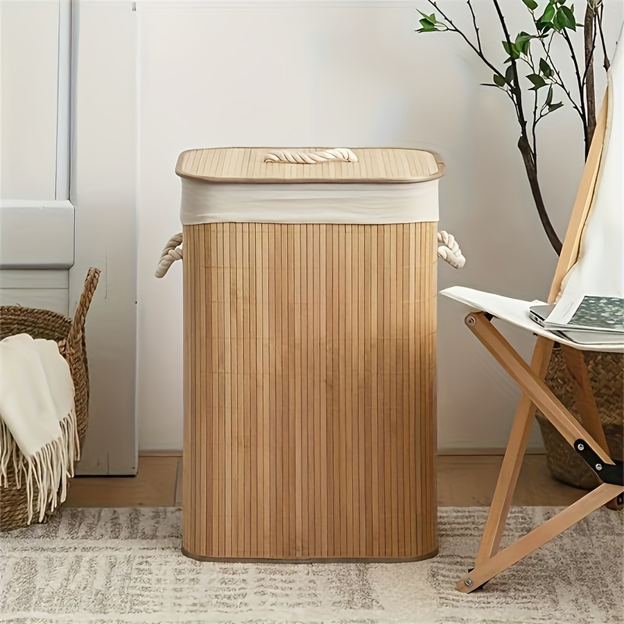 TEMU 1pc Foldable Bamboo Laundry Basket With Collapsible Frame - Rattan Clothes Hamper, Space-saving Rectangular Storage Bin For ' Room,, Dorm, Bathroom Organization (easy Assembly), Laundry Baskets