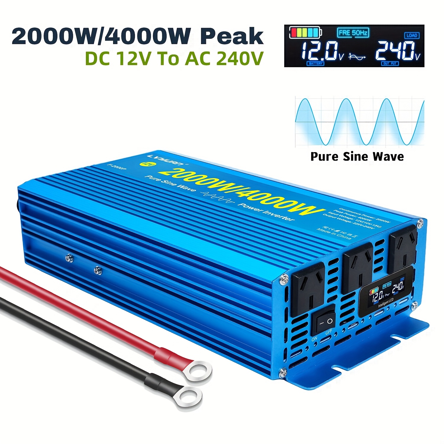 TEMU Lvyuan 2000w/4000w () Pure Sine Car Power Inverter, 12v To Ac 220v Power Converter With Side Lcd Display, For Smartphone, Laptop Car Outdoor