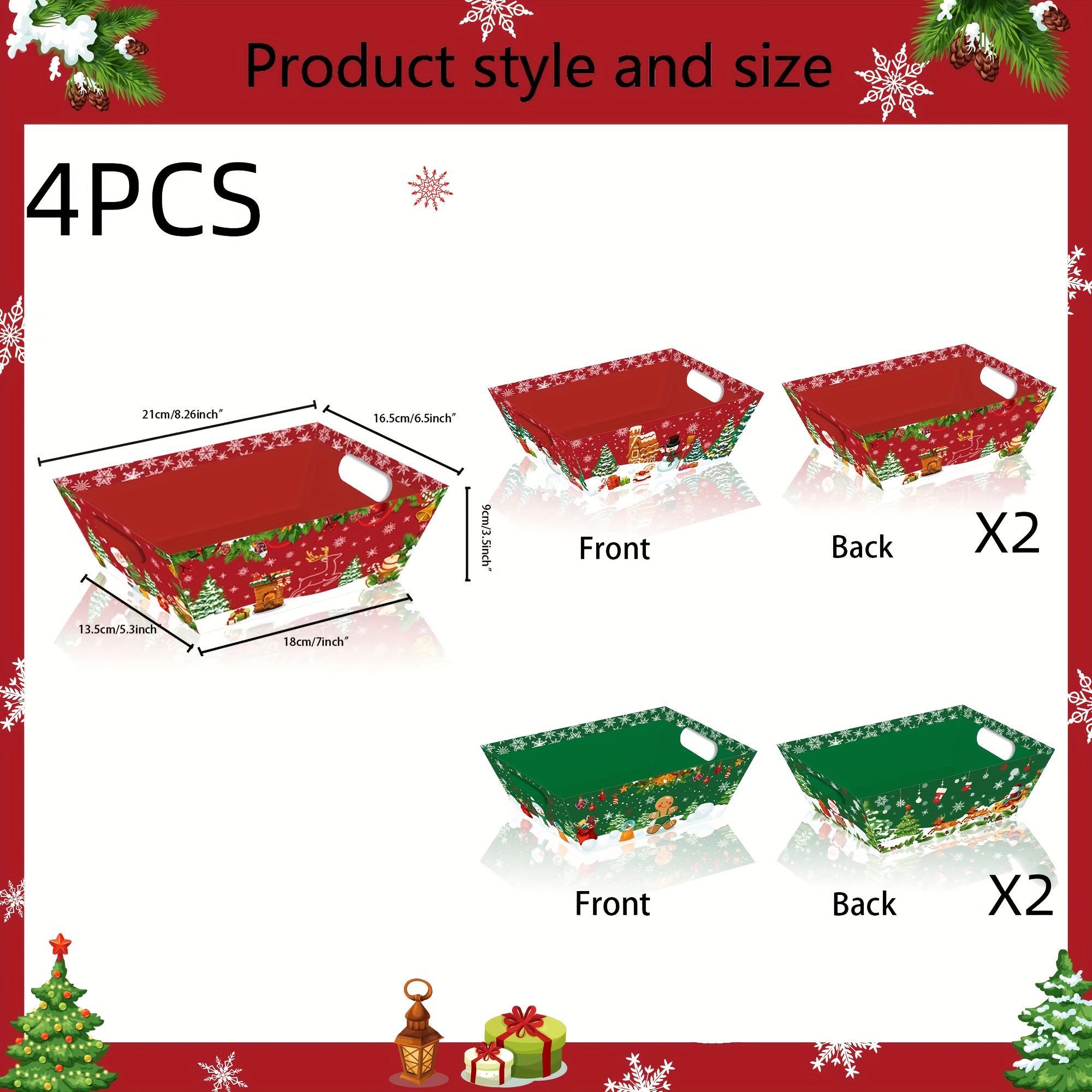 Image of Gift For Her/him 4pcs Set Christmas Red And Green Snowman Squirrel Gingerbread For Man Gift Box Paper Basket Tray For Holiday Celebration Gift Presentation