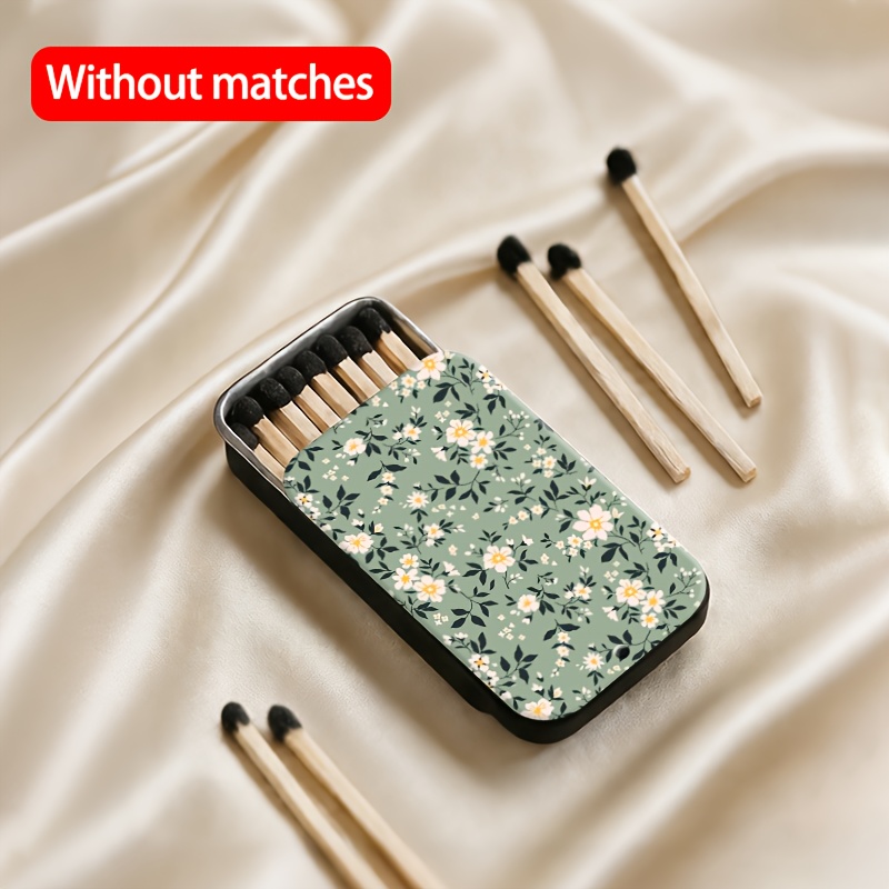 TEMU 1pc Green Floral Print Metal Matchbox, Simple And Portable Retro Matchbox, Compact Slide-open Metal Box, Decorative Storage Box For Daily Use,