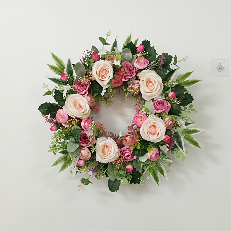 Image of Realistic Artificial Flower Wreath With Pink Roses, Peonies & Greenery - Wall-mounted Door/wall Decor Suitable For Home, Wedding, Party - Durable Plastic Wreath With