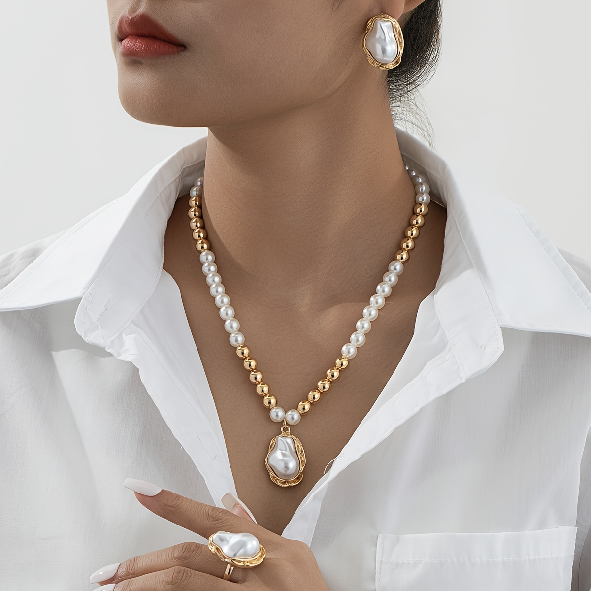 TEMU Ensemble 4 pièces Vintage Mode Élégant Perles Artificielles Irrégulières Boucles d'Oreilles Collier Bague Adapté aux Cadeaux Quotidiens pour