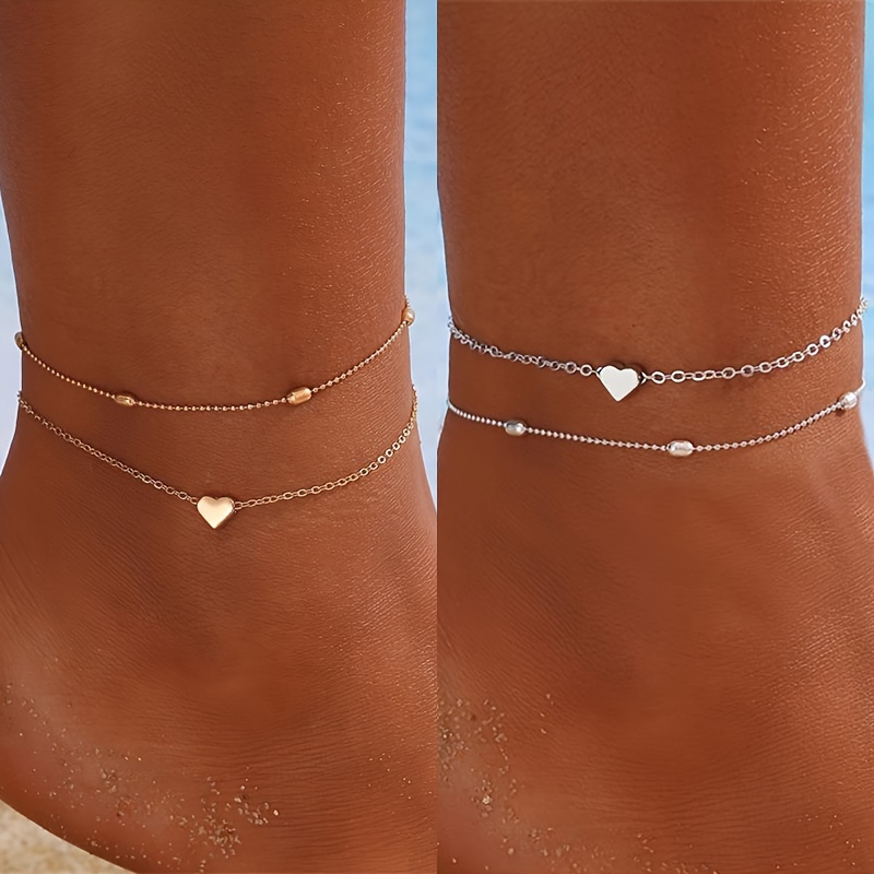 

Ladies Double-layer Love Love Summer Beach Ankle Bracelet Gift Alloy Ankle Bracelet Waterproof Adjustable Beach Foot Accessories