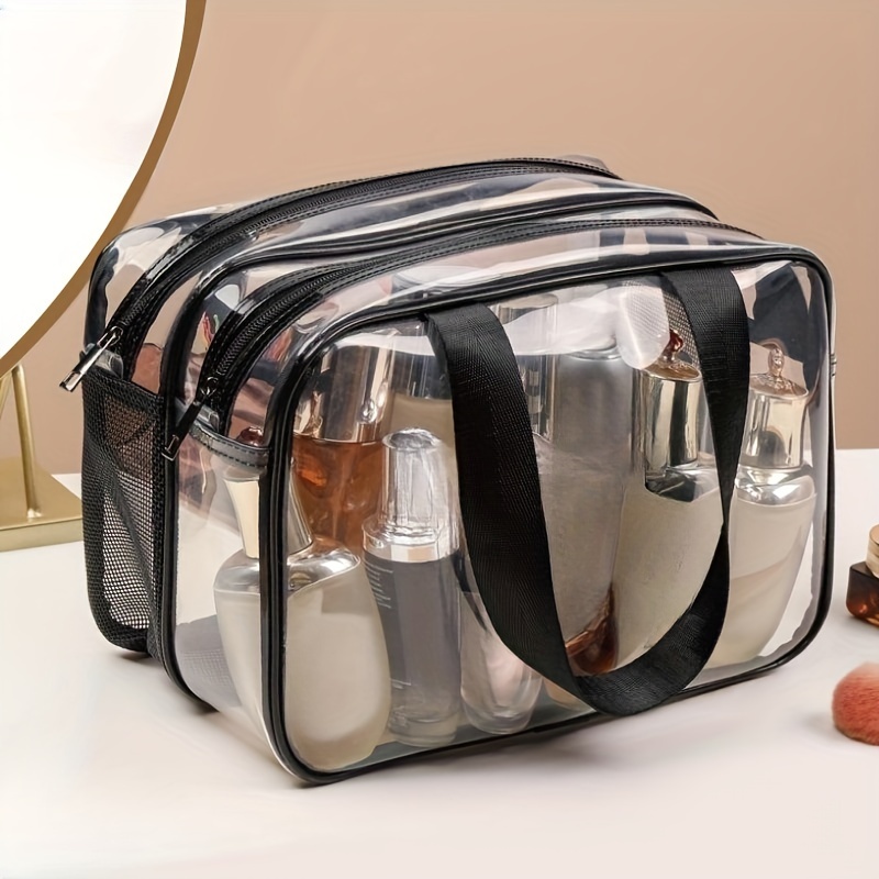 TEMU Transparent Pvc Travel Toiletry Bag, Large Capacity, Waterproof Makeup Organizer, Fashionable Cosmetic Storage With Dual Handles