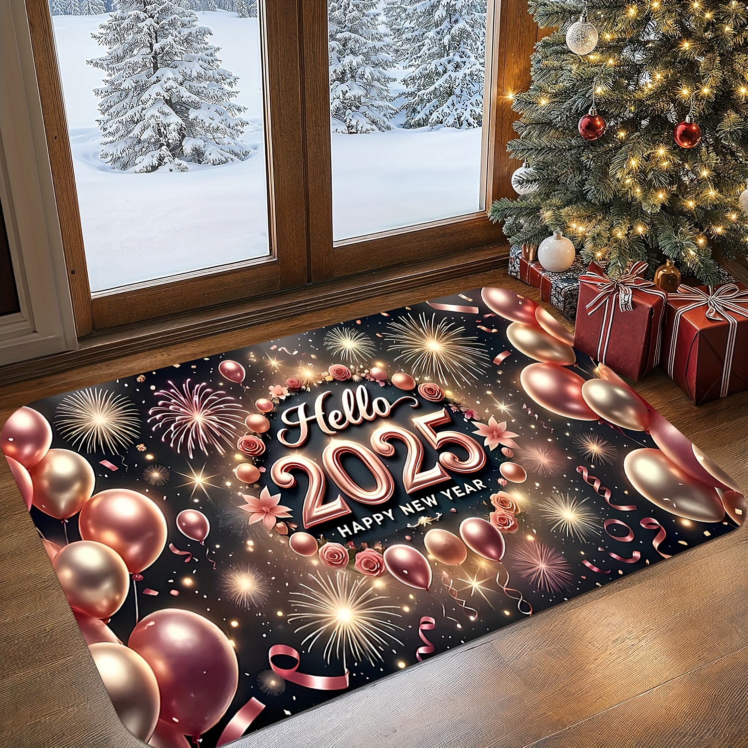 

2025 Happy New Year Golden Balloons Doormat - Stain Resistant, Lightweight, Washable, Non-slip Memory Foam, Machine Made Polyester, Christmas Decor For Bathroom, Living Room, Bedroom, Kitchen, Office