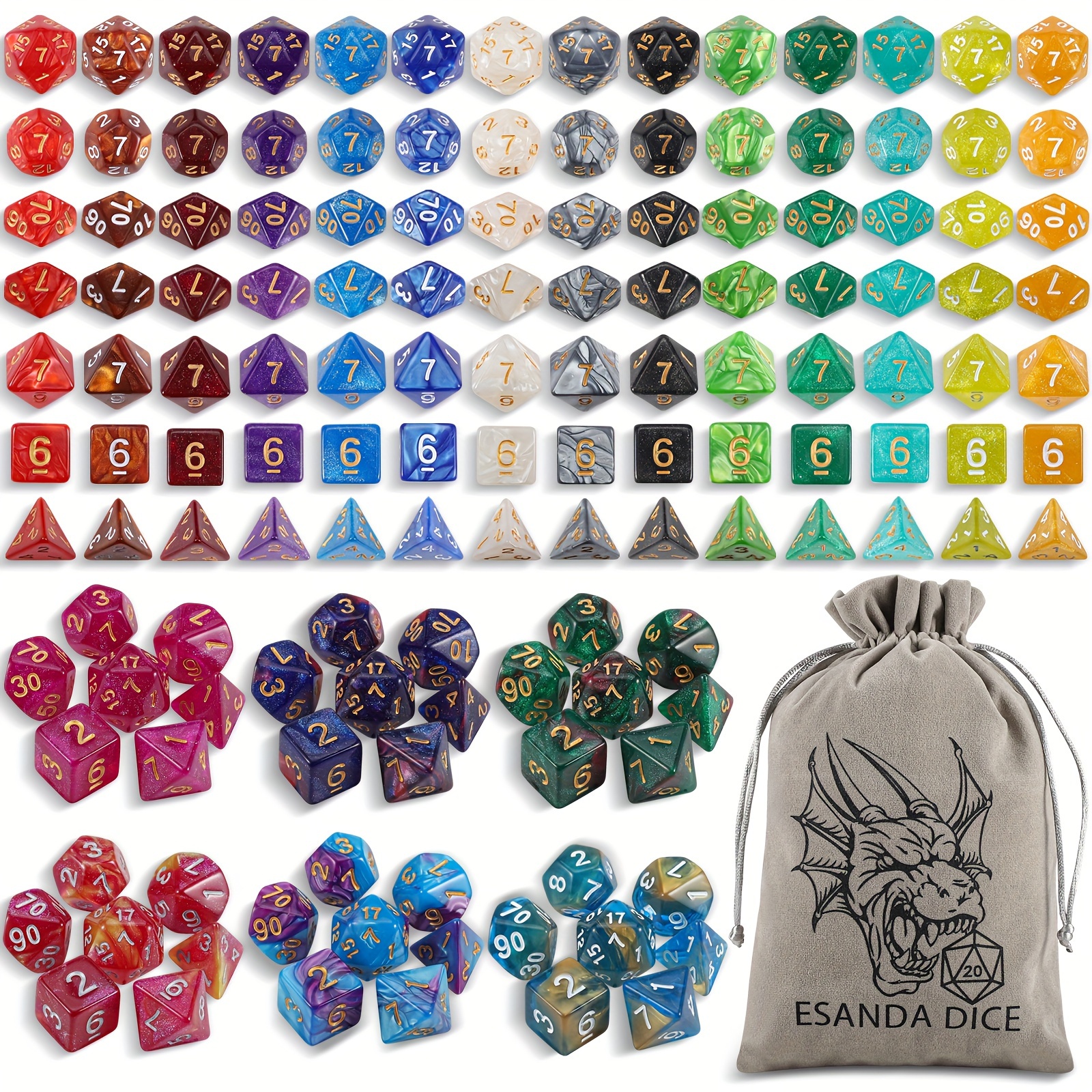 

20 X 7 Polyhedral Dice (140 Pieces) For Dnd Rpg Mtg Table Game With 1 Large Bag Christmas Gift